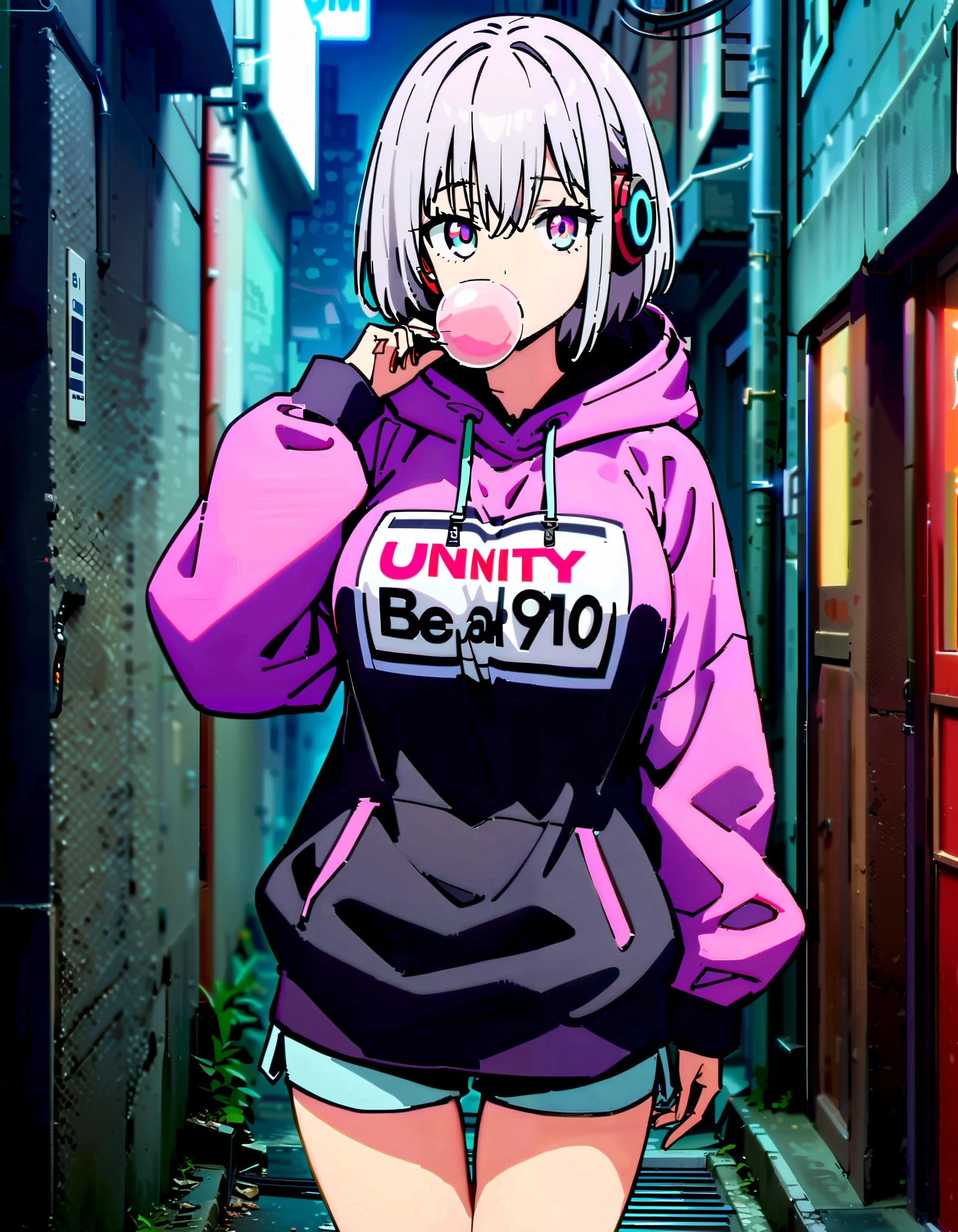 score_9, score_8_ up, score_7_ up, source_Anime, Red root heart , light purple hair, pink eye, short hair, big breasts,Blowing bubble gum,OVERSIZE PURPLE HOODIE , BLACK PANTY STOCKING, shorts,Red Glasses, Wear Hoodie Hood ,Wired headphones, standing leaning against a wall,night,whole bodyがイラストに入るように, break looking at viewer,whole body,
break outdoors,alley,
break (masterpiece:1.2), best quality , kampala,unity 8k wallpaper,(shape:0.8),( fine, beautiful eyes :1.6),It's a person ,whole body写真,CG Details , (perfect hand, complete anatomy),