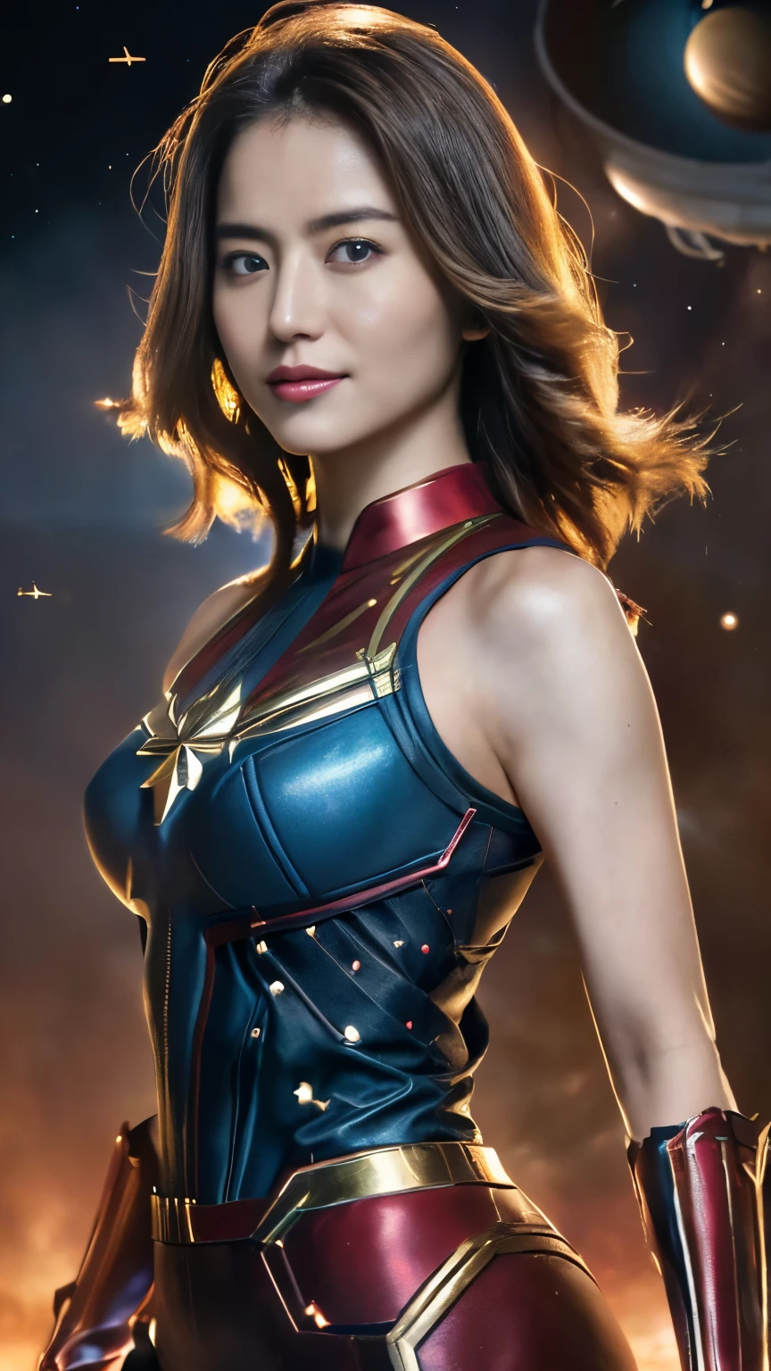 (( High Quality )), (( masterpiece )), ( Details: 1.4), ..3d, (Picture of a Japanese woman with beautiful blue eyes ), (( Detailsな, Detailsな, Detailsな設定に正確なキャプテン・マーベルのコスチューム)), (( She is wearing a costume that faithfully recreates the Captain Marvel movie))、( light brown semi-long hair :1.3)、( beautiful large breasts with firmness:1.6)、( hard erect nipples :1.3), ( tight waist ), ( big round butt), (( the whole body is well-balanced and has an ideal body line)), Seven color light particles flowing behind , Pure Energy, (A soft smile that makes everyone feel safe :1.3), Anti-Tech, high resolution ( high dynamic range ), ray tracing ,NVIDIA RTX, Super-resolution, ( are flying through outer space with the Earth behind :1.3), ((ANATOMICALLY ACCURATE PORTRAIT )), Nagasawa Masami,