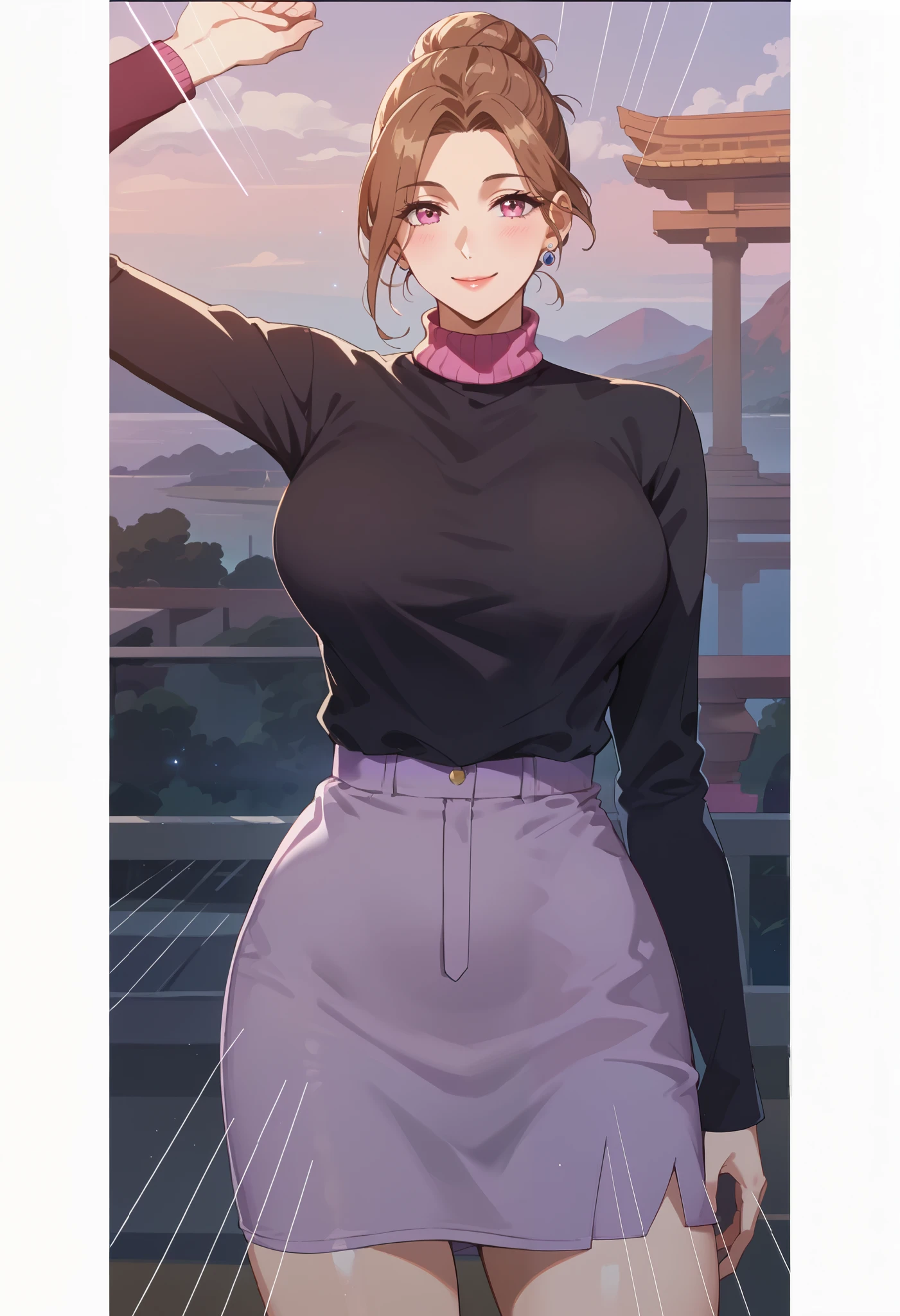 HD , masterpiece, Accurate, anatomically correct, number々Awards, high quality , wear a light pink mid-neck top ,35 year old mature woman ,greet, Smile, full, touch her clothes ,, Well-dressed, 胸部full , Lilac skirt, dressed casually, 胸部full, Medium high collar, slim,Slim waist,Flat belly, tuck the top into the dress , front view, brown hair ,Roll up your hair in a bun,3-7 point bangs ,(((( is most likely to maintain the original appearance)))),Bust painting, highlight face lens , slightly downward from the front , head close-up lens , Very detailed, Textured Skin , Ultra- HD, super detailed , 8K ultra-clear quality ,高画质 masterpiece,((( pink turtleneck )))