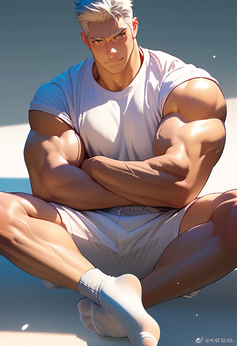 Black-haired Chico, Blue eyes, serious and seductive look, muscular, hot and sexy sweaty body, shirtless, naked, with his erect penis