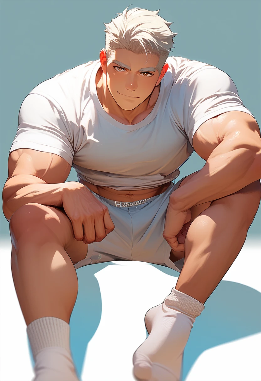 By bebebebebe, by lostgoose, by goonie-san, solo, ((snout, ears)), canine, ( Arctic Fox ), male, smirking, (muscle, muscular), only Black Boxer pants