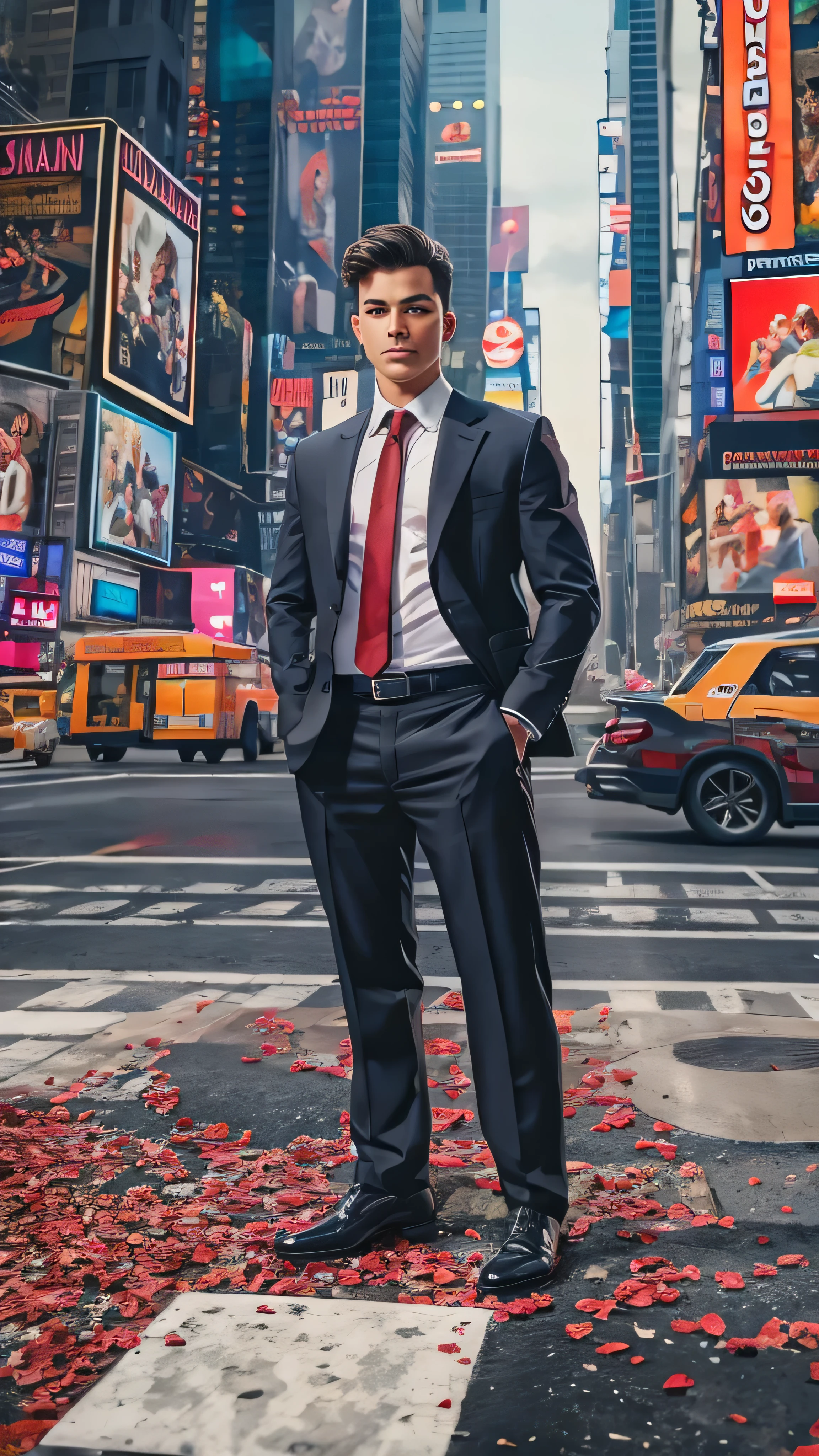 (Masterpiece, best quality ,   Details),  1 boy, Focus on men and the city ,  are staring at the viewer, Full body high definition image, Outdoors, street,
police officer, formal,  black suit ,  RED TIE 、 Times Square in NYC。
