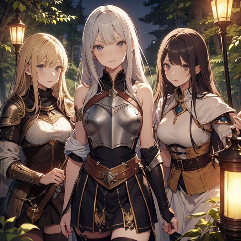 A group of female medieval fantasy adventurers, (in forest), various hair styles, harem, night, details face, short skirt, seducing, sleeveless, armor