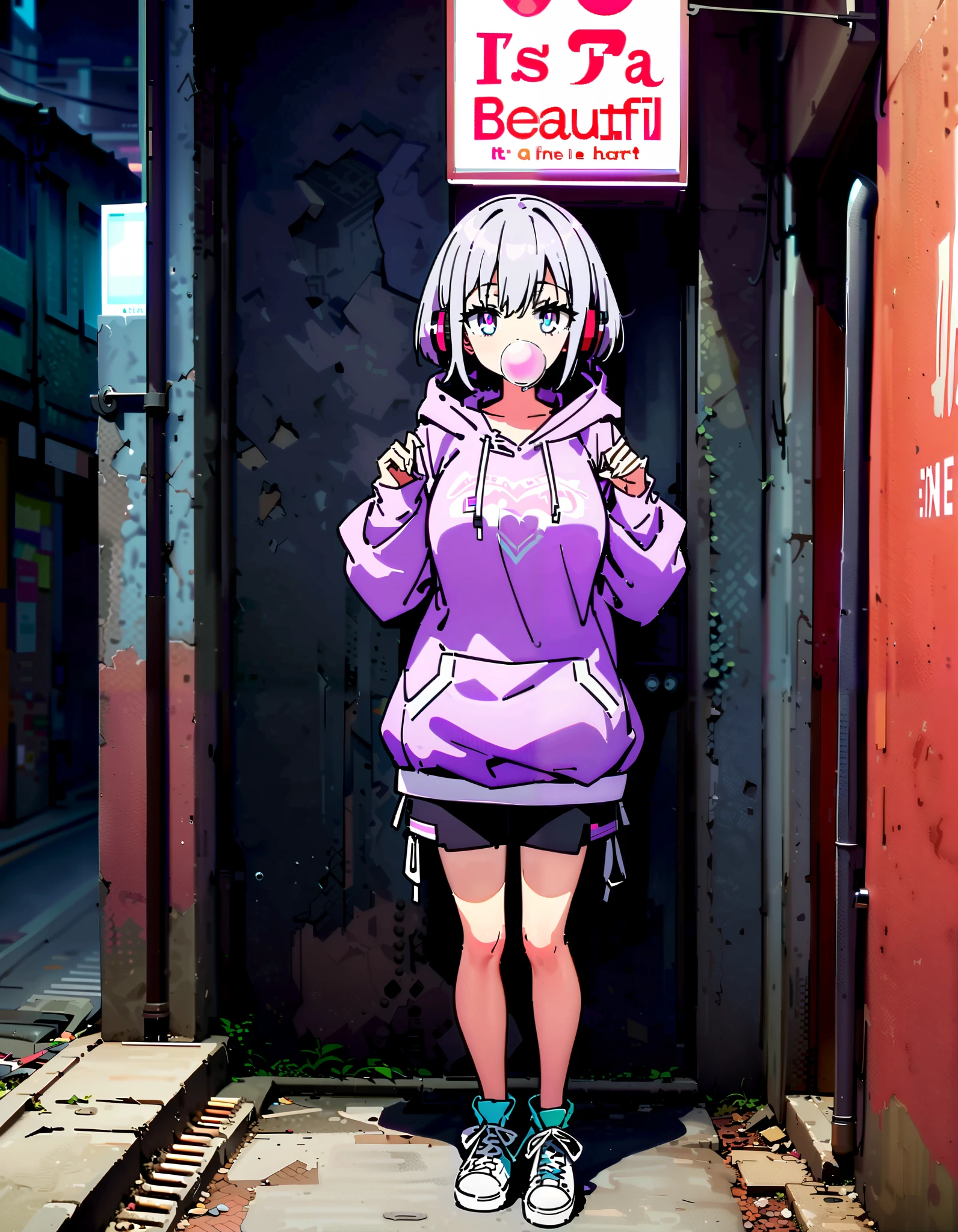 score_9, score_8_ up, score_7_ up, source_Anime, Red root heart , light purple hair, pink eye, short hair, big breasts,Blowing bubble gum,OVERSIZE PURPLE HOODIE , BLACK PANTY STOCKING, shorts,Red Glasses, Wear Hoodie Hood ,Wired headphones, standing leaning against a wall,night,whole bodyがイラストに入るように, break looking at viewer,whole body,
break outdoors,alley,
break (masterpiece:1.2), best quality , kampala,unity 8k wallpaper,(shape:0.8),( fine, beautiful eyes :1.6),It's a person ,whole body写真,CG Details , (perfect hand, complete anatomy),