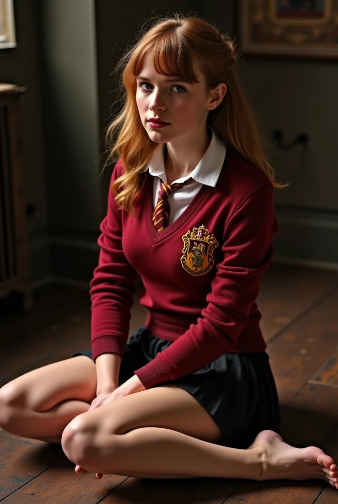 Emma watson, gryffindor uniform, holding bdsm whip, top unbuttoned, tight top, holding dildo