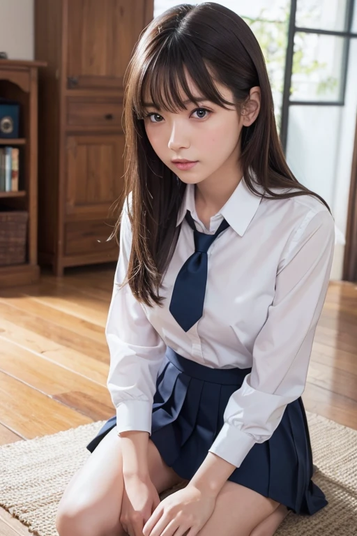 校服、knee high socks、Brown hair、Shorthair、kawaii faces、bedroom、Tight uniform、Spread your legs apart、sexy underwear、Spread your legs boldly、Tight uniform、Mature look、plaid skirts、White shirt、neck tie、The shape of the pubic area is clearly visible、No Underwear、hi-school girl、Pubic hair is see-through