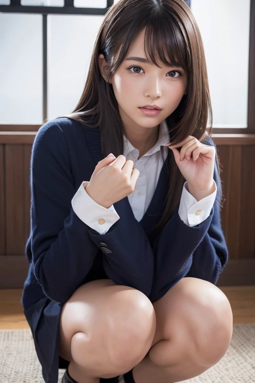 An innocent 18-year-old girl、(Schoolgirl uniform、Beige blazer、Brown fine pleated skirt、Checkered Skirt、White shirt、Light green striped neck ribbon)、(sitting、hugging own legs:1.4)、White panties、Panty shot、Small breasts、Small breasts、smile、bangs、Long Hair、Smooth Hair、ponytail、Slim body、RAW Photos、(8k、highest quality、masterpiece、Realistic photo:1.2)、(Realistic:1.4)、Soft studio light、Bright lighting、Rim Light、Super detailed、Realistic skin texture、Beautiful eyes in every detail、Brown Eyes、Shiny skin、whole body、
