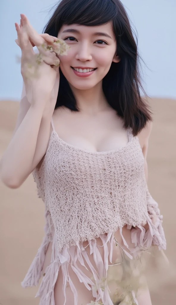 "Anatomically correct" "Beautiful real 25 year old woman" "Ponytail" "Sexy pose with cute smile" "Nude" "Real beauty" "Beautiful realistic female genitals" "Adult real female face" ”, “Big breasts” beautiful and real”, “Sex pose with sand dunes in the background”