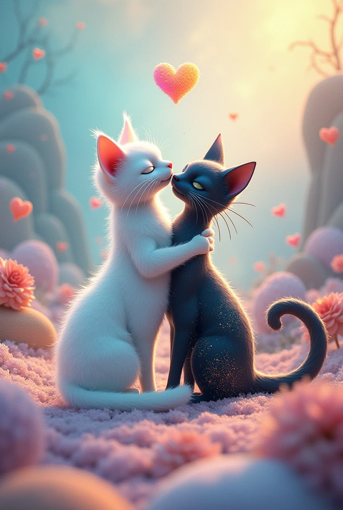 Wallpaper size,black female cat hug and kiss purple female cat with soft smile and eye close with red background  lool  like real cat, small  both cat