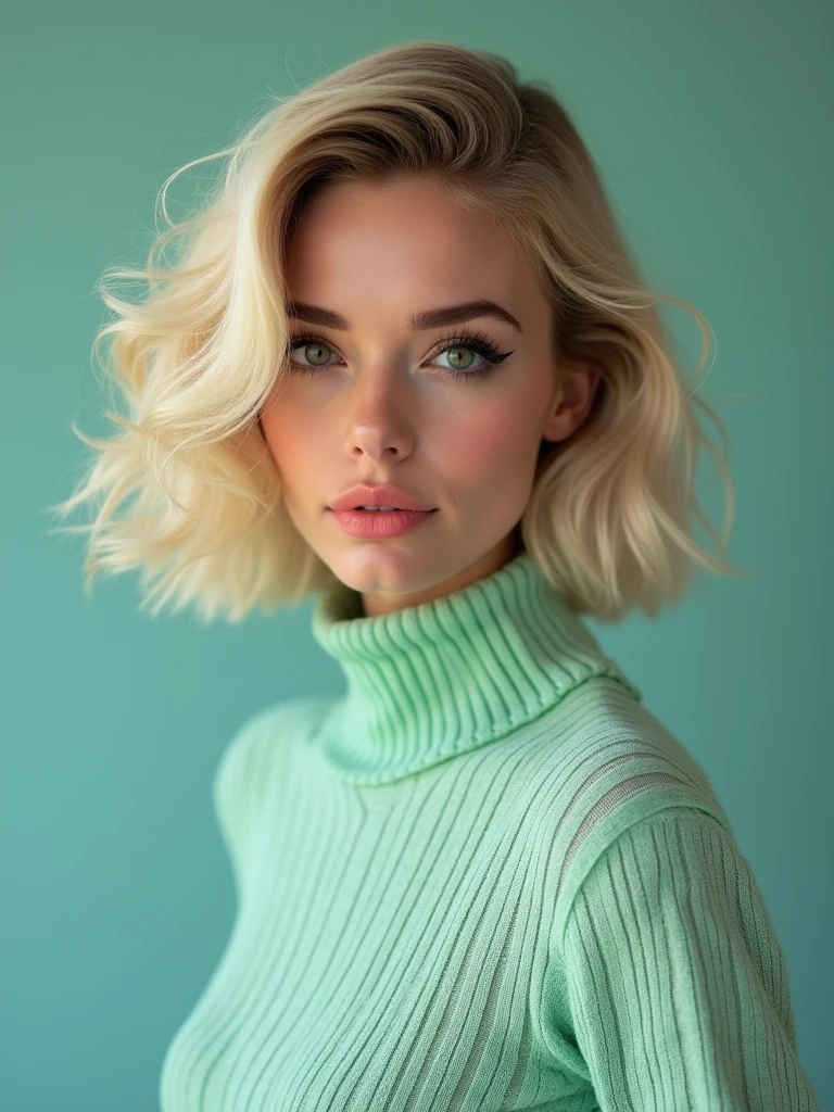 Beautiful arafed Girl 25 years old, blond short curly hair, fine nice detaild face, black turtleneck knitted tight sweather, brown eyes, long eyelashes, white trousers, lace bra