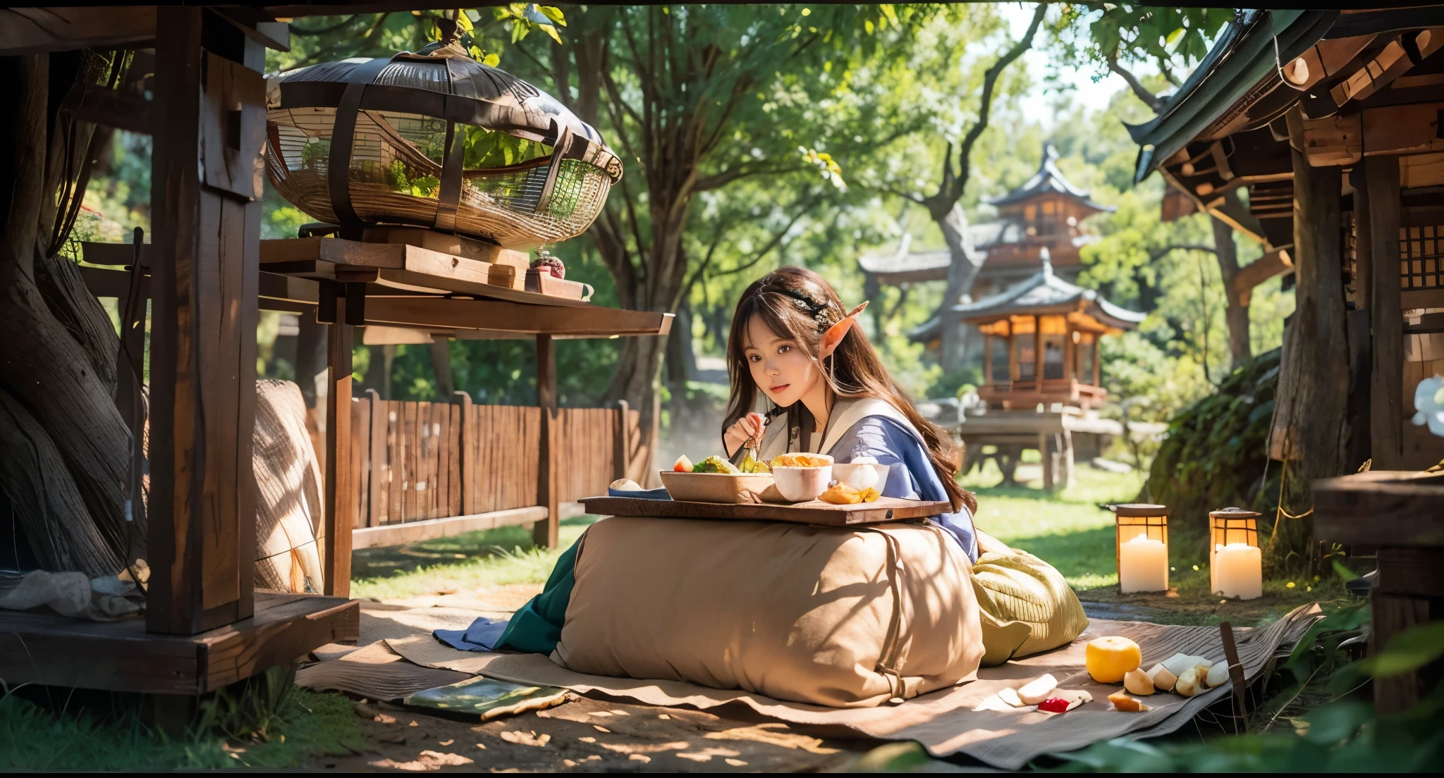 Fantastic elven village, female elf warrior eating potato chips in a kotatsu, diagonal view, super cute Japanese woman,