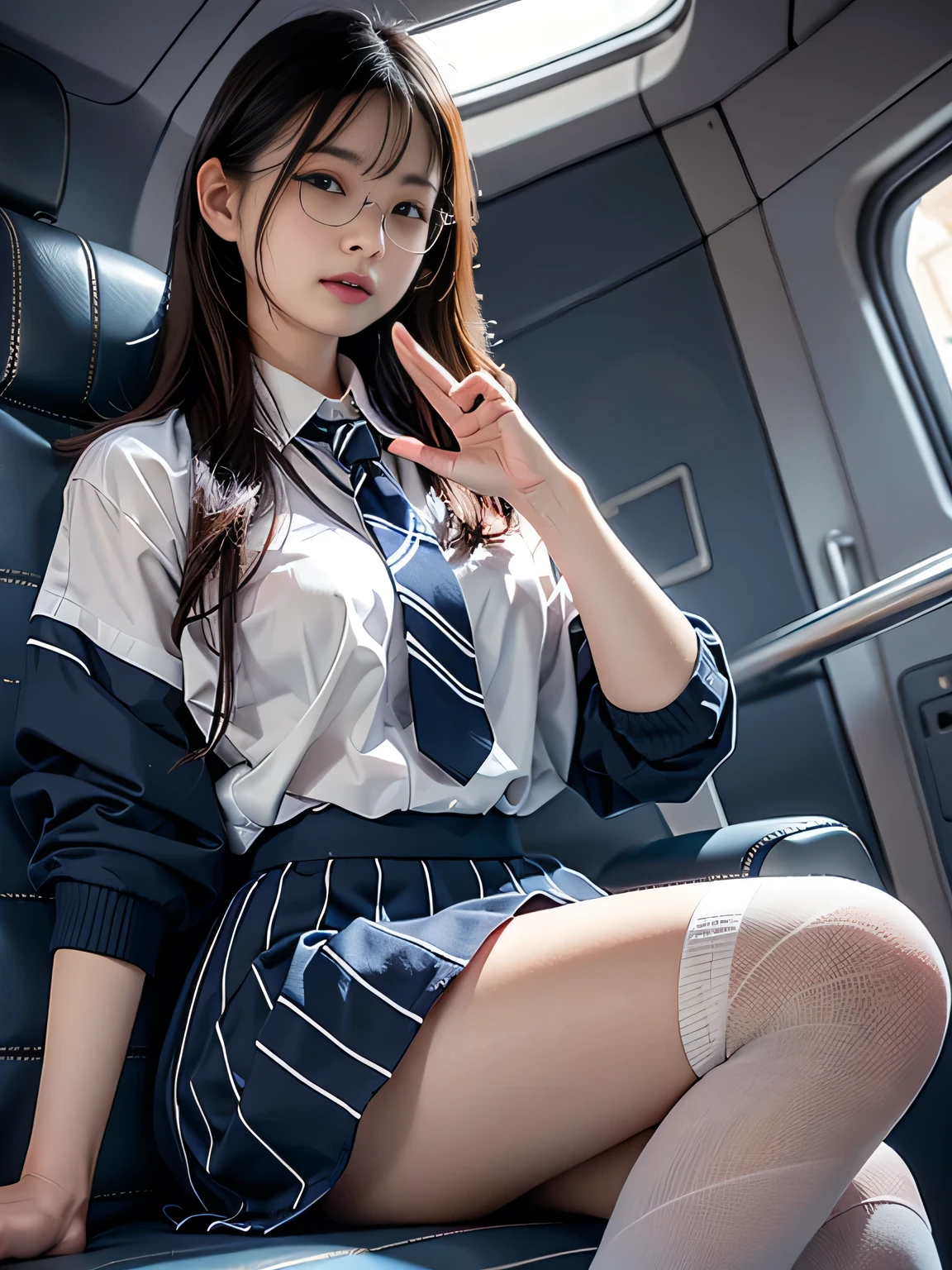 top-quality,ultra-detailliert,masterpiece,realisitic,Photo Real,Bright lighting,1 girl in, an extremely beautiful , (kawaii:1.2),Thin smile, (Brown eyes),(brown haired),(midiam),perfect glossy skin,flawless skin,((erotick,Sexy and sexually explicit)),((accurate hands without incongruity)), large full breasts,big breasts thin waist, Look at viewers,((blazers)),((Long sleeve uniform white shirt)),(Red ribbons),(Blue Mini Pleated Skirt),(((skirt lift by yourself))),(lifted by self),(Showing panties),panties on,panties focus,((Sit up,spread legswide)), sockes, (Black knee socks),(Loafer shoes), during daytime,On the train,Horizontal long seat with your back to the window Raising legs