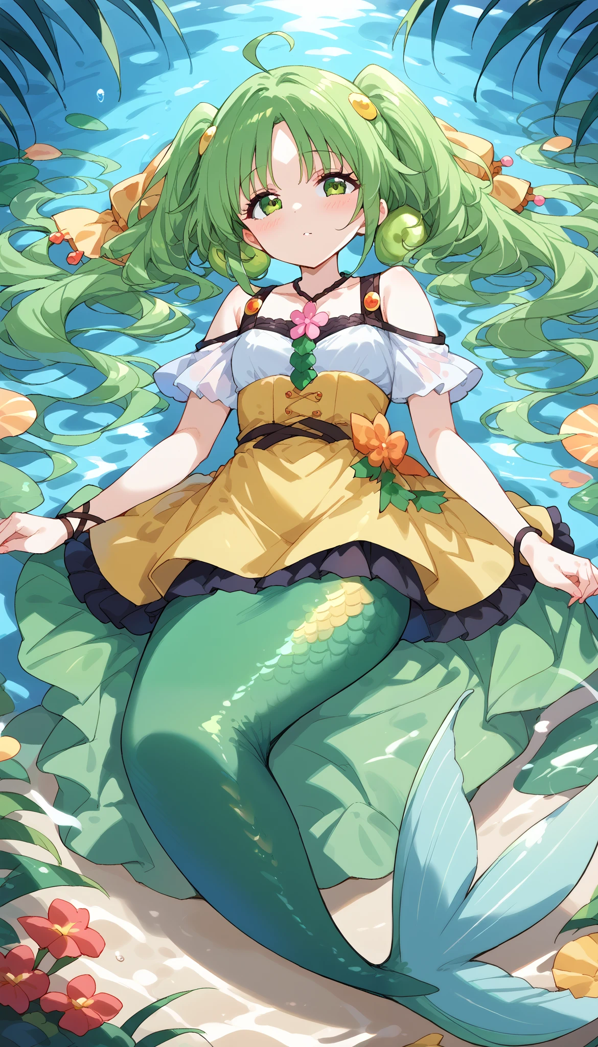 Fraction_9,Fraction_8_up,Fraction_7_up,Fraction_6_up,Fraction_5_up,Fraction_4_up,close-up,
1 Girl, unique ,Catch Cordyceps Sera , green hair,Twin ponytails, green eyes ,skirt,yellow skirt,
 Ahog,Hair accessories, watching the audience,forest, blush,Mermaid,绿色的Mermaid尾巴,Lying in the pond