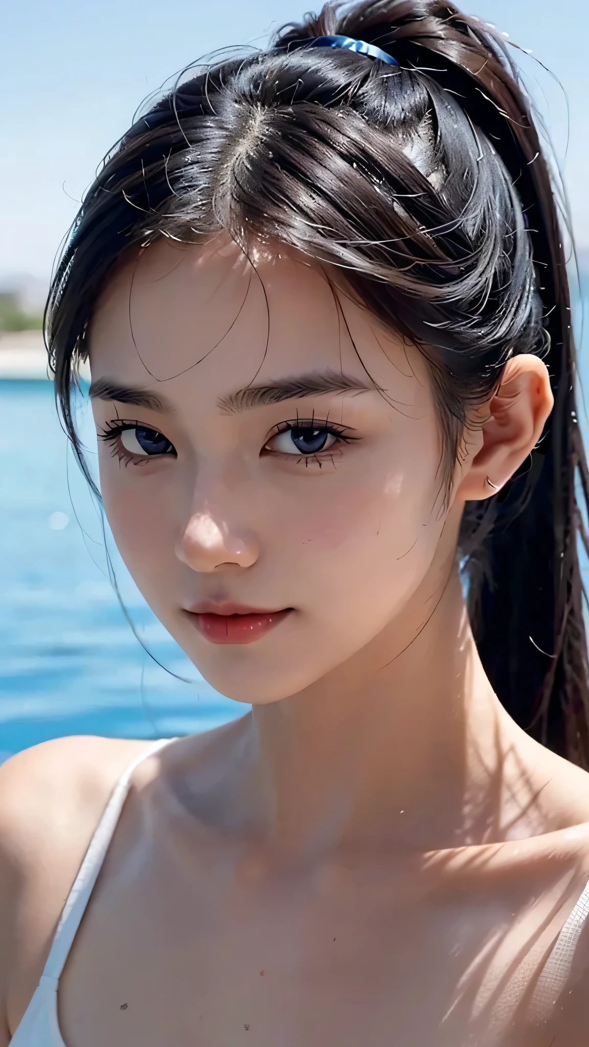 Beach, white bikini,close-up of face,One woman,fully body photo,masutepiece, The highest image quality, High quality, the background is clear,Beautiful woman, Japanese, Detailed, Detailed eyes, Detailed skin, Beautiful skin, 超hight resolution, (reality: 1.4),Very beautiful woman, Slightly younger face, Beautiful skin, slender, (Ultra photo realsisim), (hight resolution), (8K), (Very detailed) (beautifully detailed eyes), (super detailed), (Detailed face), view the viewer, Fine details, Detailed face, Staring straight ahead, Staring straight ahead, photos realistic, Bright lighting, Professional Lighting, Black hair,poneyTail,a baby face,sixteen years old,Hairstyle: ponytail,Long ponytail hairstyle,slight smile,