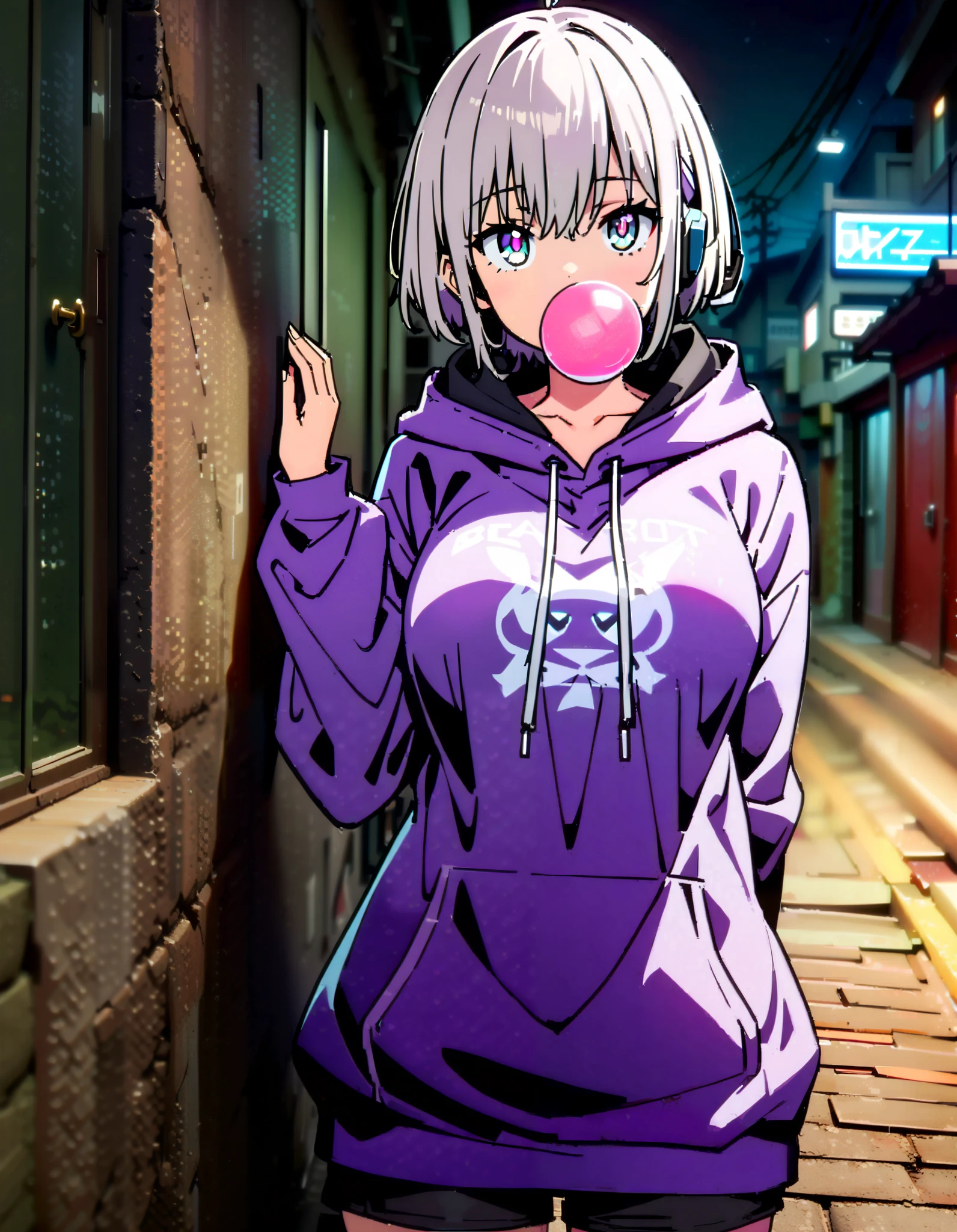  score_9,  score_8_ up,  score_7_ up,  source_Anime, Red root heart ,   light purple hair,  pink eye,  short hair while on a business trip,  big breasts,Blowing bubble gum,OVERSIZE PURPLE HOODIE , BLACK PANTY STOCKING, shorts,Red Glasses, Wear Hoodie Hood ,Wired headphones, standing leaning against a wall,night,whole bodyがイラストに入るように,                          break looking at viewer,whole body,
break outdoors,alley, 
break (masterpiece:1.2), best quality  , kampala,unity 8k wallpaper,(shape:0.8),(  fine, beautiful eyes  :1.6),It's a person ,whole body写真,CG Details , (perfect hand, complete anatomy),
