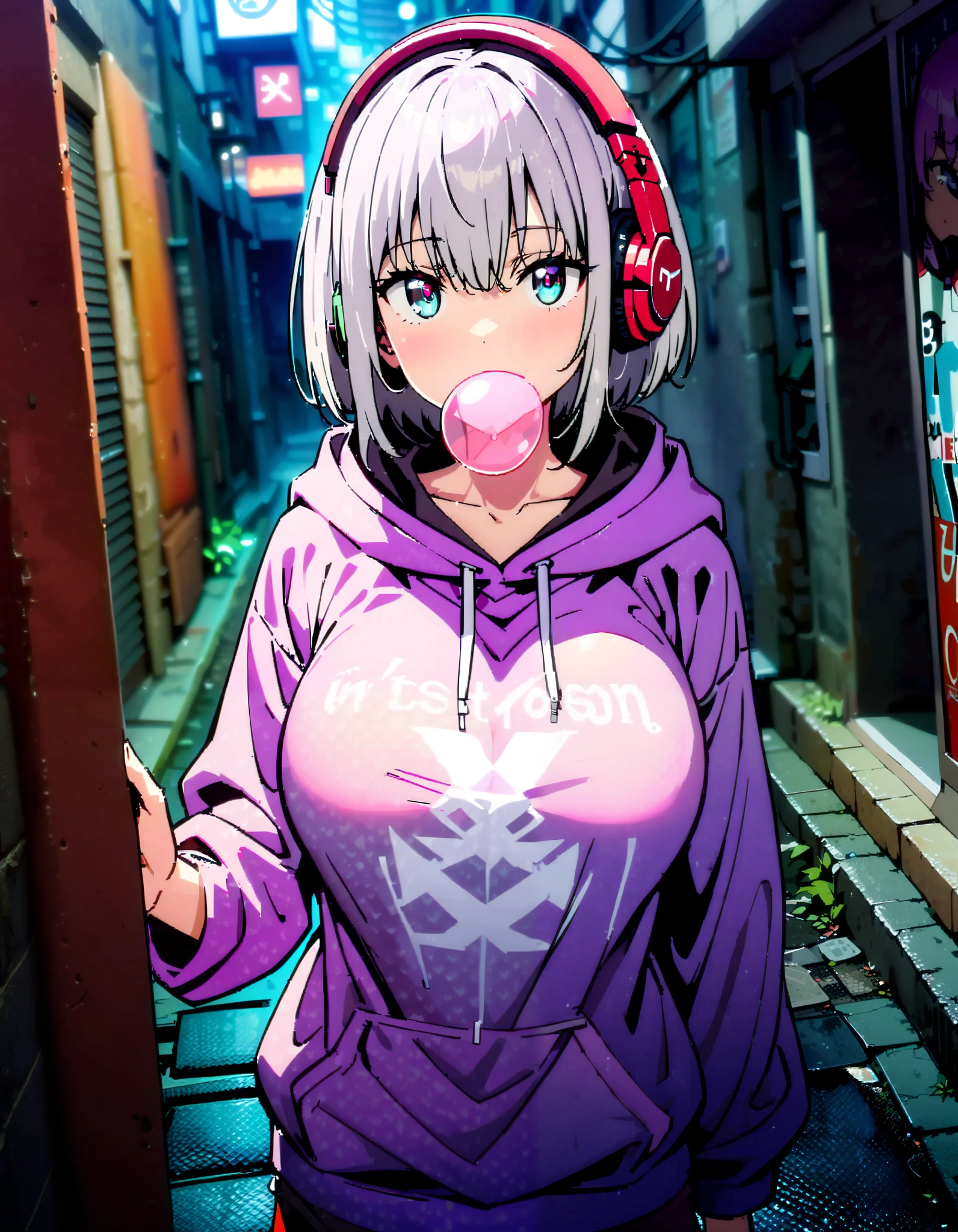  score_9,  score_8_ up,  score_7_ up,  source_Anime, Red root heart ,   light purple hair,  pink eye,  short hair while on a business trip,  big breasts,Blowing bubble gum,OVERSIZE PURPLE HOODIE , BLACK PANTY STOCKING, shorts,Red Glasses, Wear Hoodie Hood ,Wired headphones, standing leaning against a wall,night,whole bodyがイラストに入るように,                          break looking at viewer,whole body,
break outdoors,alley, 
break (masterpiece:1.2), best quality  , kampala,unity 8k wallpaper,(shape:0.8),(  fine, beautiful eyes  :1.6),It's a person ,whole body写真,CG Details , (perfect hand, complete anatomy),
