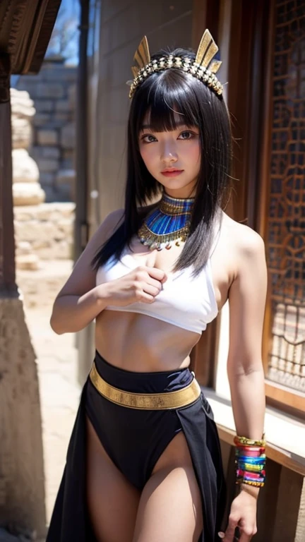 indigenous- girl 18 years old- sexy pose- exposed body- perfect body- body painting- toned legs- flat stomach- straight black hair with bangs- perfect round butt- detailed photo- headdress- short feathered skirt- backside- buttocks- holding the skirt with her hands- skirt up