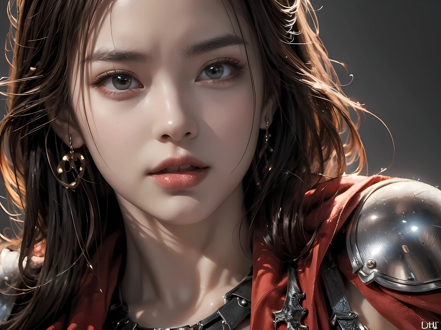 sparkle, cinematic lighting, UHD, (best quality:1.2), high quality, high details, ((anatomically correct)), textured skin, super detail, accurate, perfect detailed face, detailed eyes, female knight, black hair, Red Cape, Slim waist, muscular