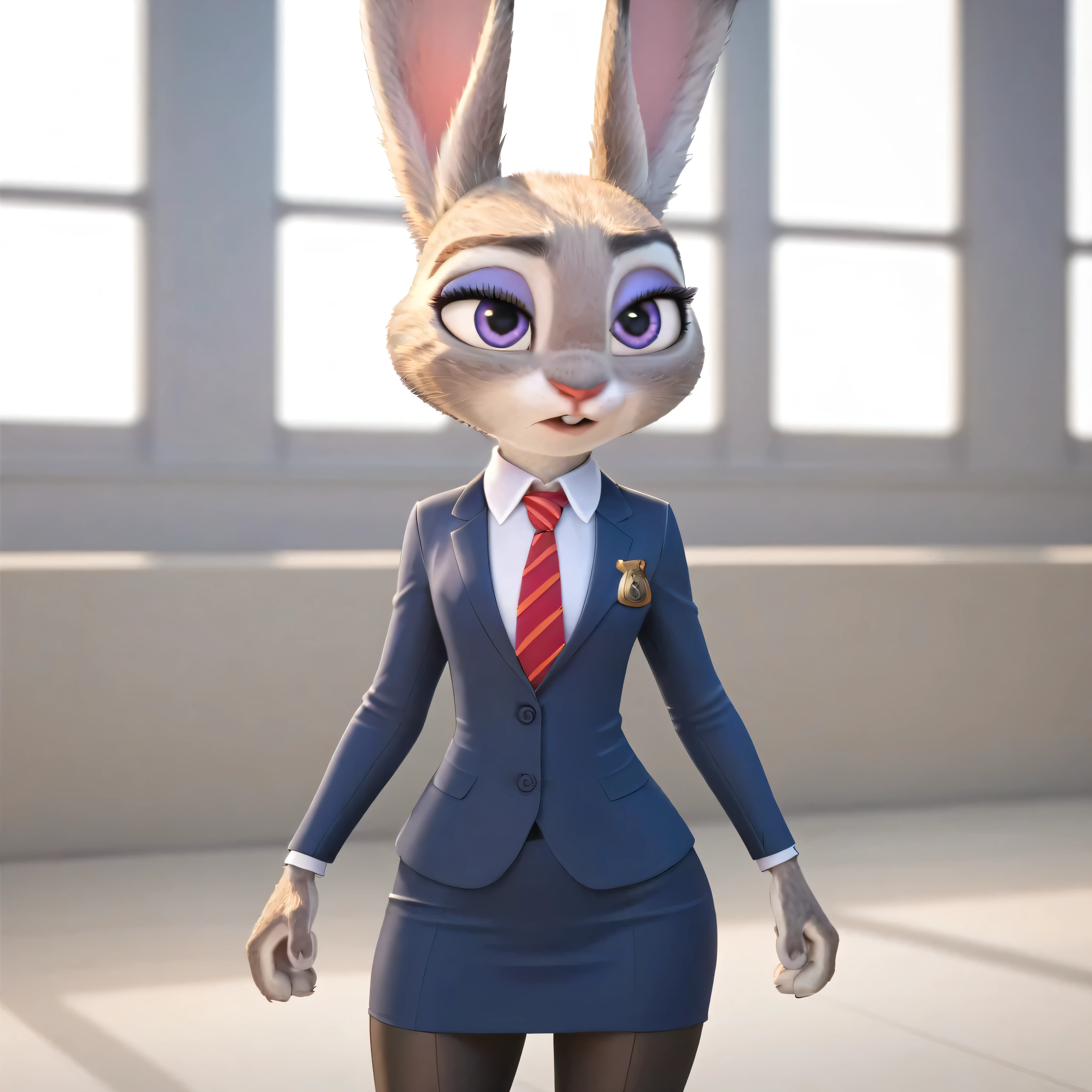 judyhopps, purple eyes, rabbit, rabbit ears, rabbit girl, ((( skirt suit))), ((( three-piece suit ))), (((dress shirt))), ((( ties))), ((( blazer))), ((( suit jacket ))), ((Best)), double-breasted Best, ((( Bodycon Mini Skirt))), Pocket square, Cufflinks, tiesピン, compensate, eyeshadow, mascara, eyeliner , Tough