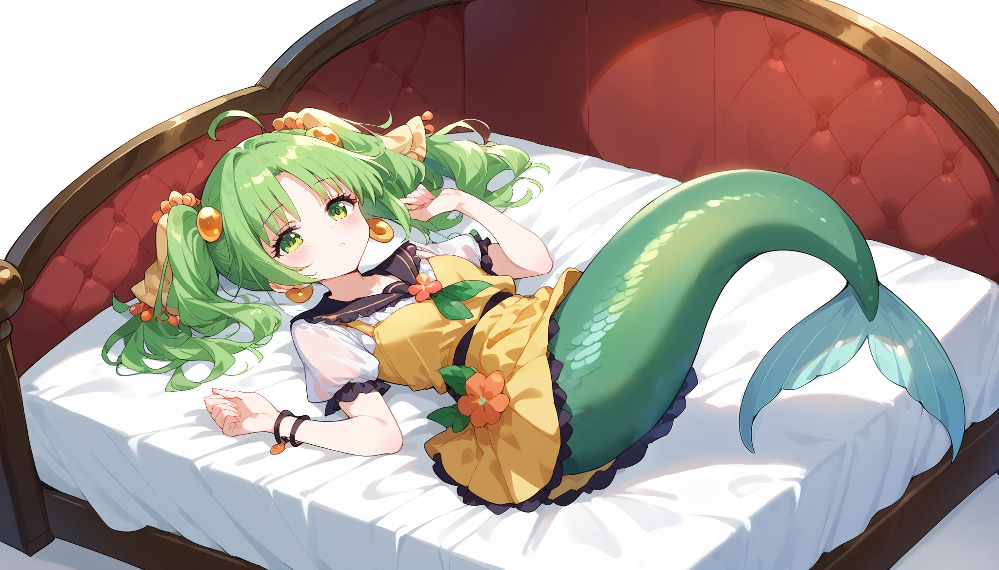 Fraction_9,Fraction_8_up,Fraction_7_up,Fraction_6_up,Fraction_5_up,Fraction_4_up,close-up,
1 Girl, unique ,Catch Cordyceps Sera , green hair,Twin ponytails, green eyes ,skirt,yellow skirt,
Ahog,Hair accessories, blush,Mermaid,绿色的Mermaid尾巴, lying in bed ,Full body picture