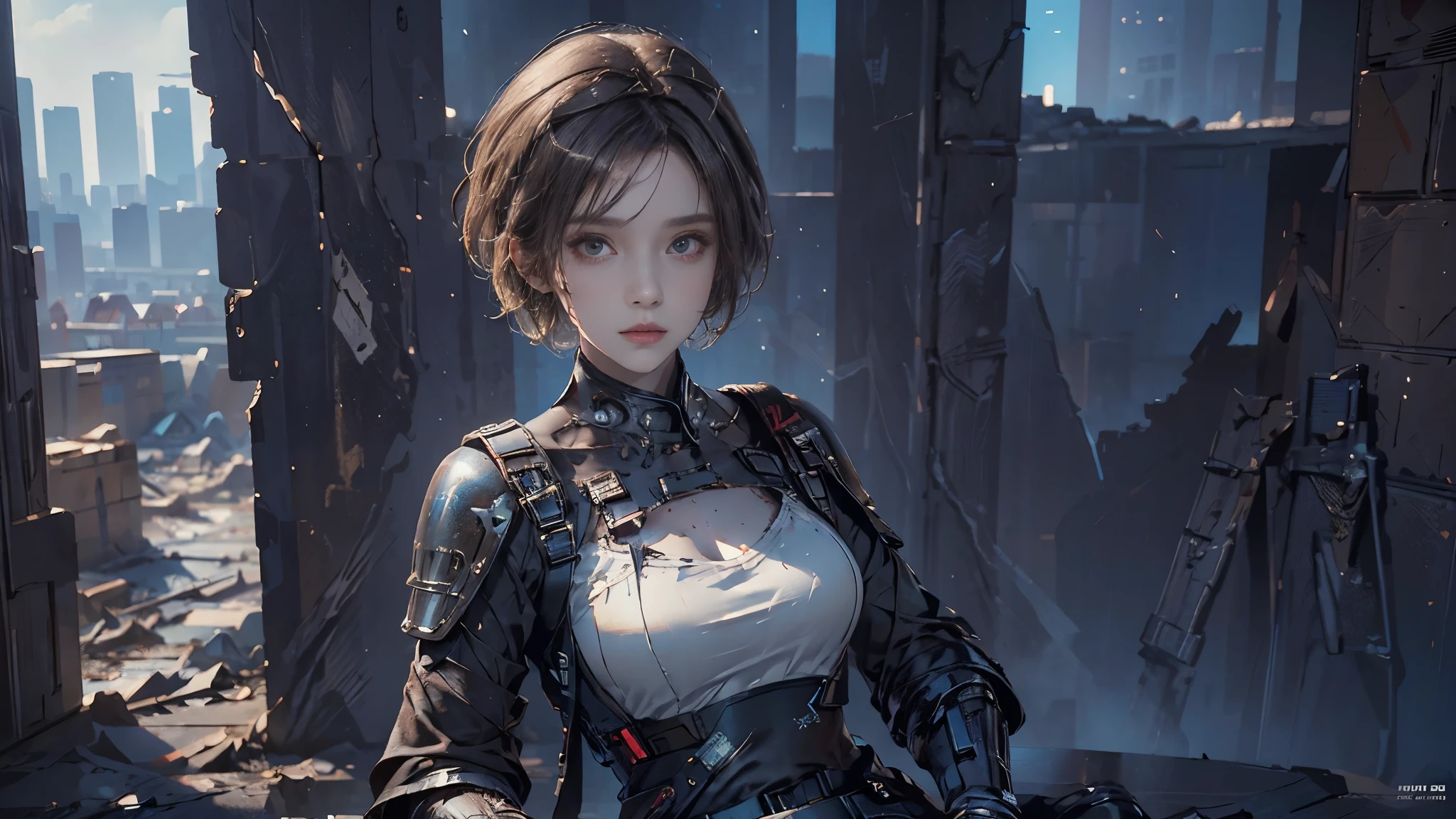  masterpiece,  high resolution,8K,( Portrait Photos:1.5),(R Original Photo),Reality,Digital Photography,(Ruins of the Apocalypse  ),City ruins，20 year old pretty female ，Short hair，Shut up，  post-apocalyptic scene ， Upper body photography ，Damaged Armor，Full figure