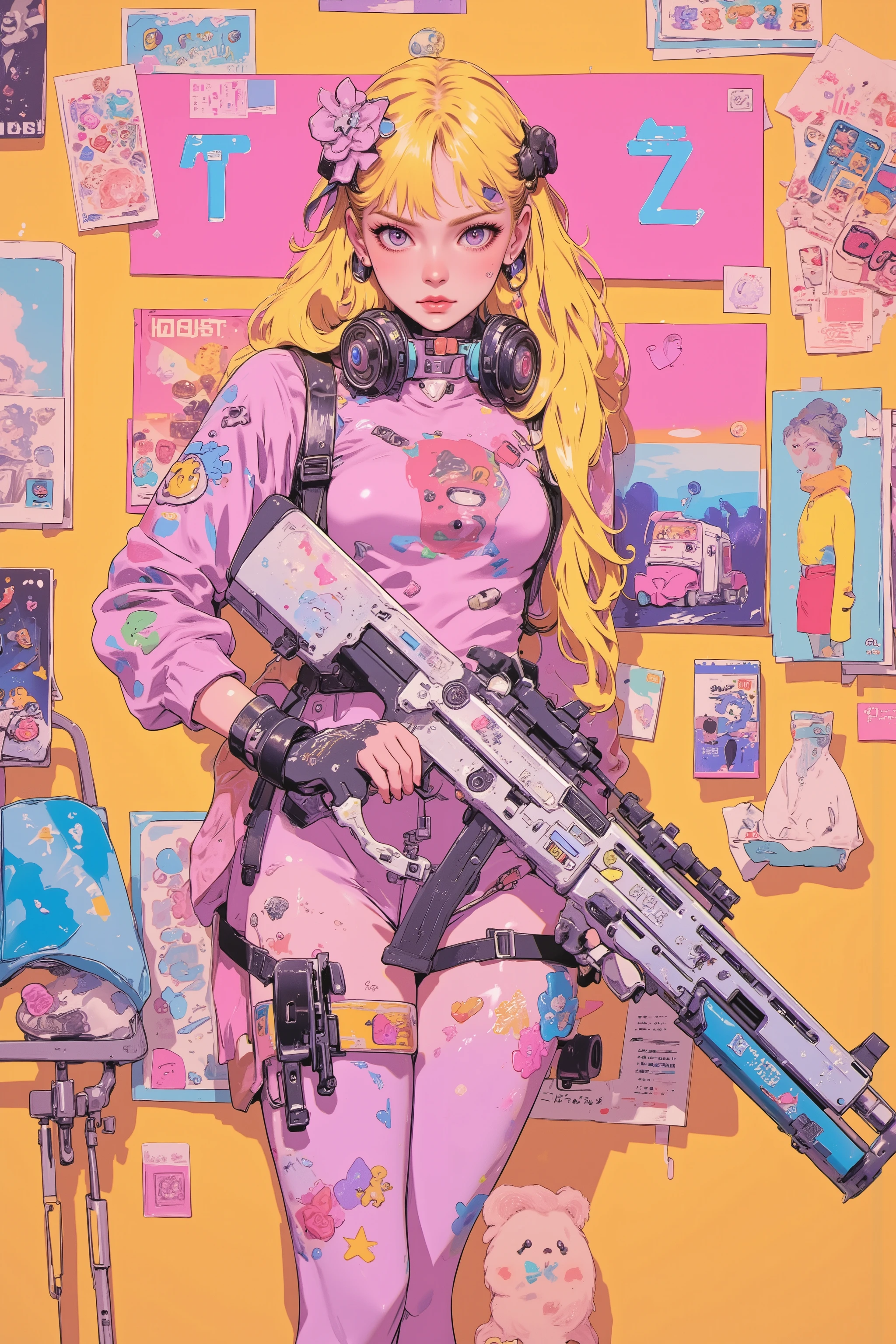 A ANIME girl, have a heavy gun, Decora style illustration, soft animated illustration, Cute aesthetics, pastel goth style, anime atmosphere, anime style, 90's anime style, Holo Sticker, The aesthetics of orange,