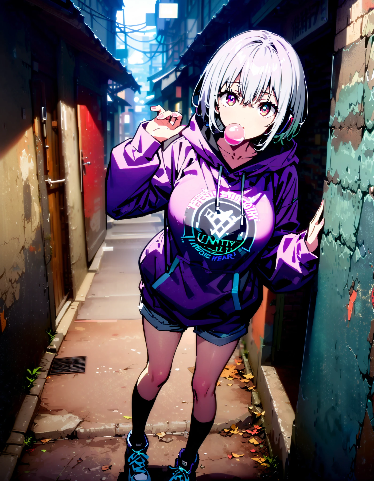 score_9, score_8_ up, score_7_ up, source_Anime, Red root heart , light purple hair, pink eye, short hair while on a business trip, big breasts,Blowing bubble gum,OVERSIZE PURPLE HOODIE , BLACK STOCKING, shorts,Red Glasses, Wear Hoodie Hood ,Wired headphones, standing leaning against a wall,night,whole bodyがイラストに入るように, break looking at viewer,whole body,
break outdoors,alley,
break (masterpiece:1.2), best quality , kampala,unity 8k wallpaper,(shape:0.8),( fine, beautiful eyes :1.6),It's a person ,whole body写真,CG Details , (perfect hand, complete ),