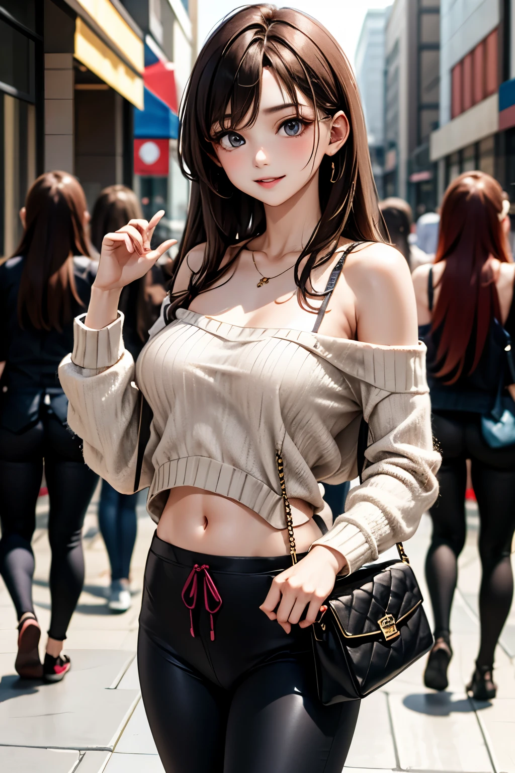 beautiful figure, flat chest, no chest, no boobs, flat boobs, tall body, long purple hair, slander body, beutiful face, A gray knit cropped sweater with a loose, off-shoulder design and flared sleeves. high-waisted black skinny pants or leggings with a drawstring waist, giving the outfit a sporty yet sleek appearance. The exposed shoulder and cropped length make it perfect for a casual yet stylish daytime look, carrying a gray bag, mall background, mall interrior,