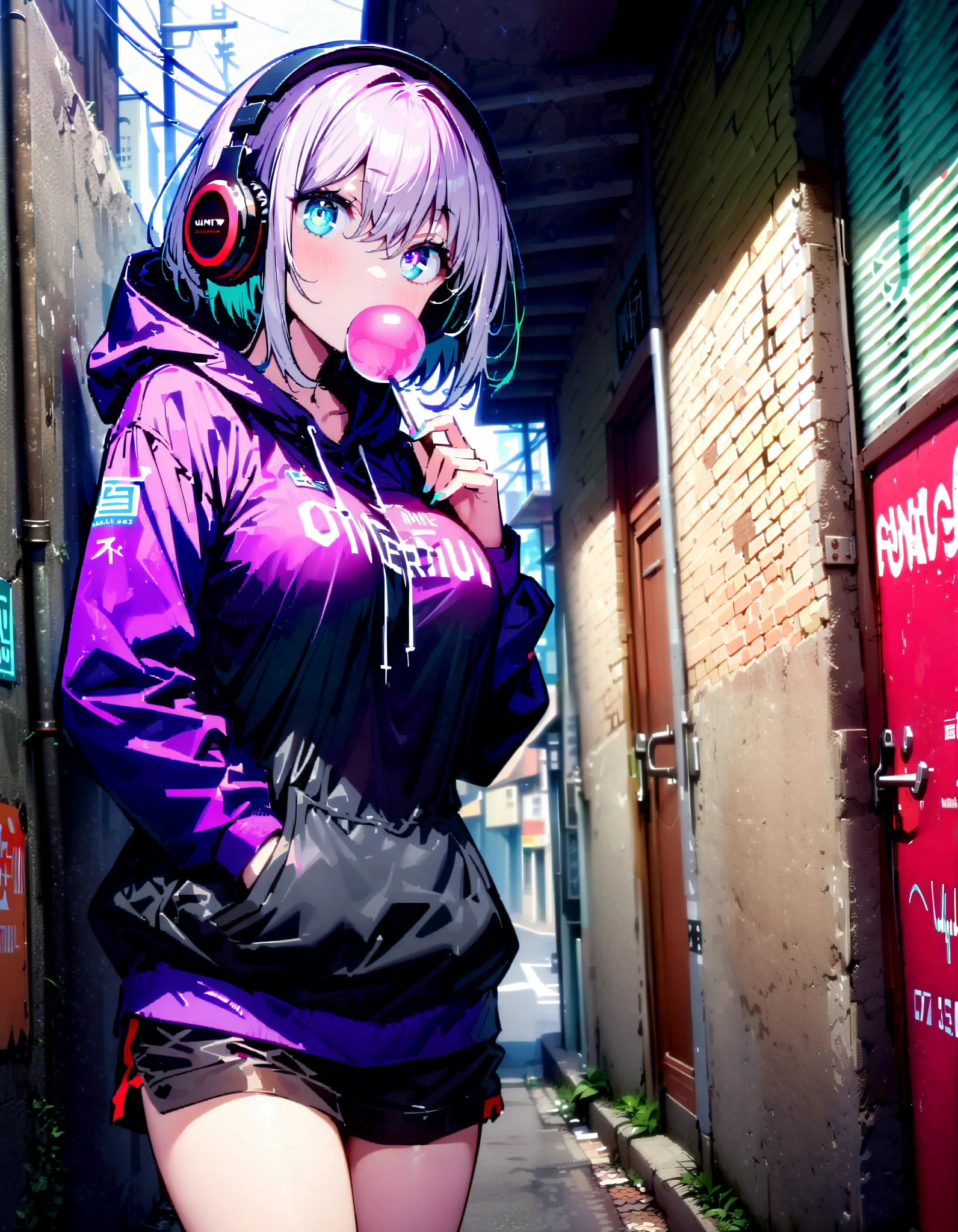 score_9, score_8_ up, score_7_ up, source_Anime, Red root heart , light purple hair, pink eye, short hair while on a business trip, big breasts,Blowing bubble gum,OVERSIZE PURPLE HOODIE , BLACK PANTY STOCKING, shorts,Red Glasses, Wear Hoodie Hood ,Wired headphones, standing leaning against a wall,noon,whole bodyがイラストに入るように, break looking at viewer,whole body,
break outdoors,alley,
break (masterpiece:1.2), best quality , kampala,unity 8k wallpaper,(shape:0.8),( fine, beautiful eyes :1.6),It's a person ,whole body写真,CG Details , (perfect hand, complete anatomy),