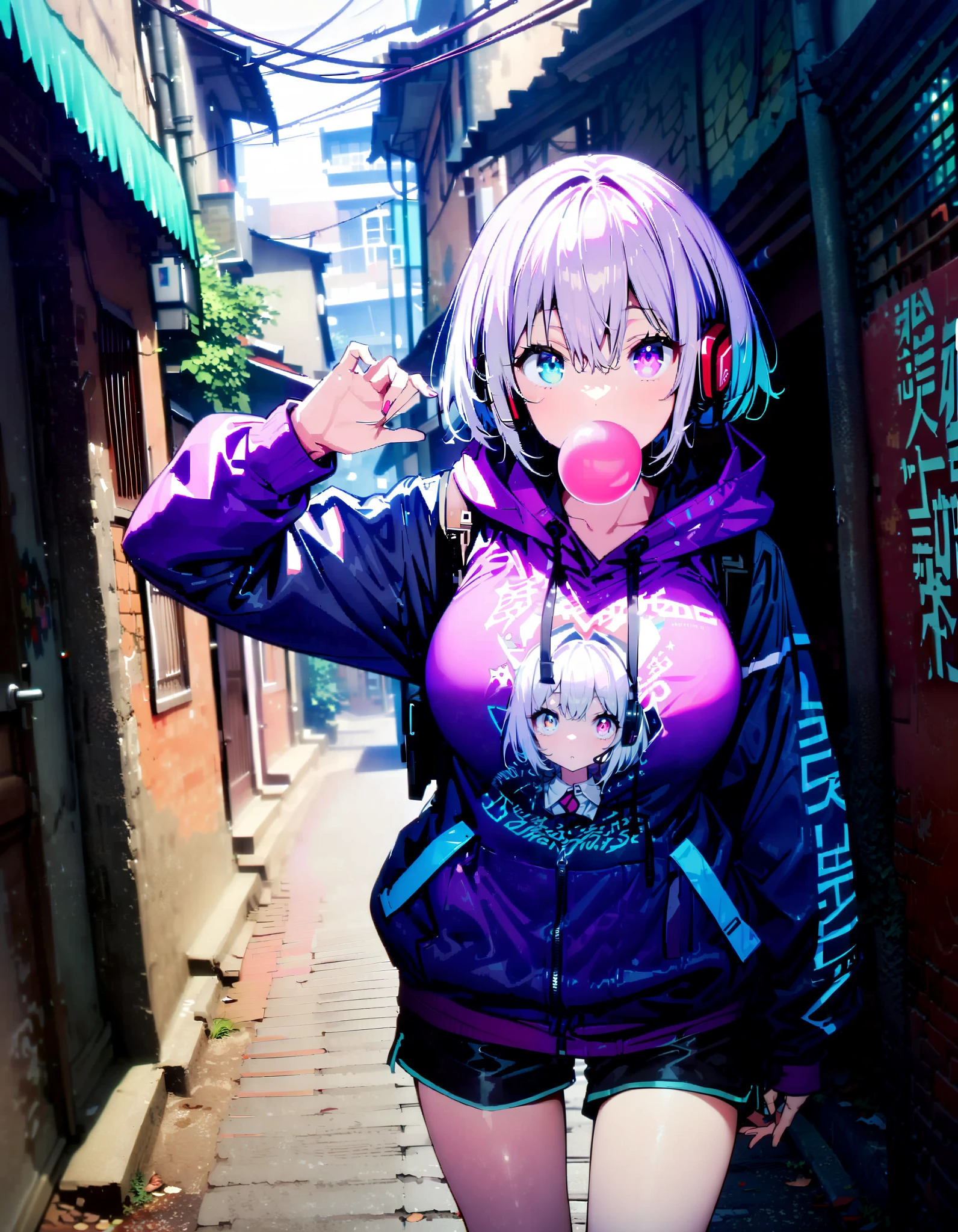 score_9, score_8_ up, score_7_ up, source_Anime, Red root heart , light purple hair, pink eye, short hair while on a business trip, big breasts,Blowing bubble gum,OVERSIZE PURPLE HOODIE , BLACK PANTY STOCKING, shorts,Red Glasses, Wear Hoodie Hood ,Wired headphones, standing leaning against a wall,noon,whole bodyがイラストに入るように, break looking at viewer,whole body,
break outdoors,alley,
break (masterpiece:1.2), best quality , kampala,unity 8k wallpaper,(shape:0.8),( fine, beautiful eyes :1.6),It's a person ,whole body写真,CG Details , (perfect hand, complete anatomy),