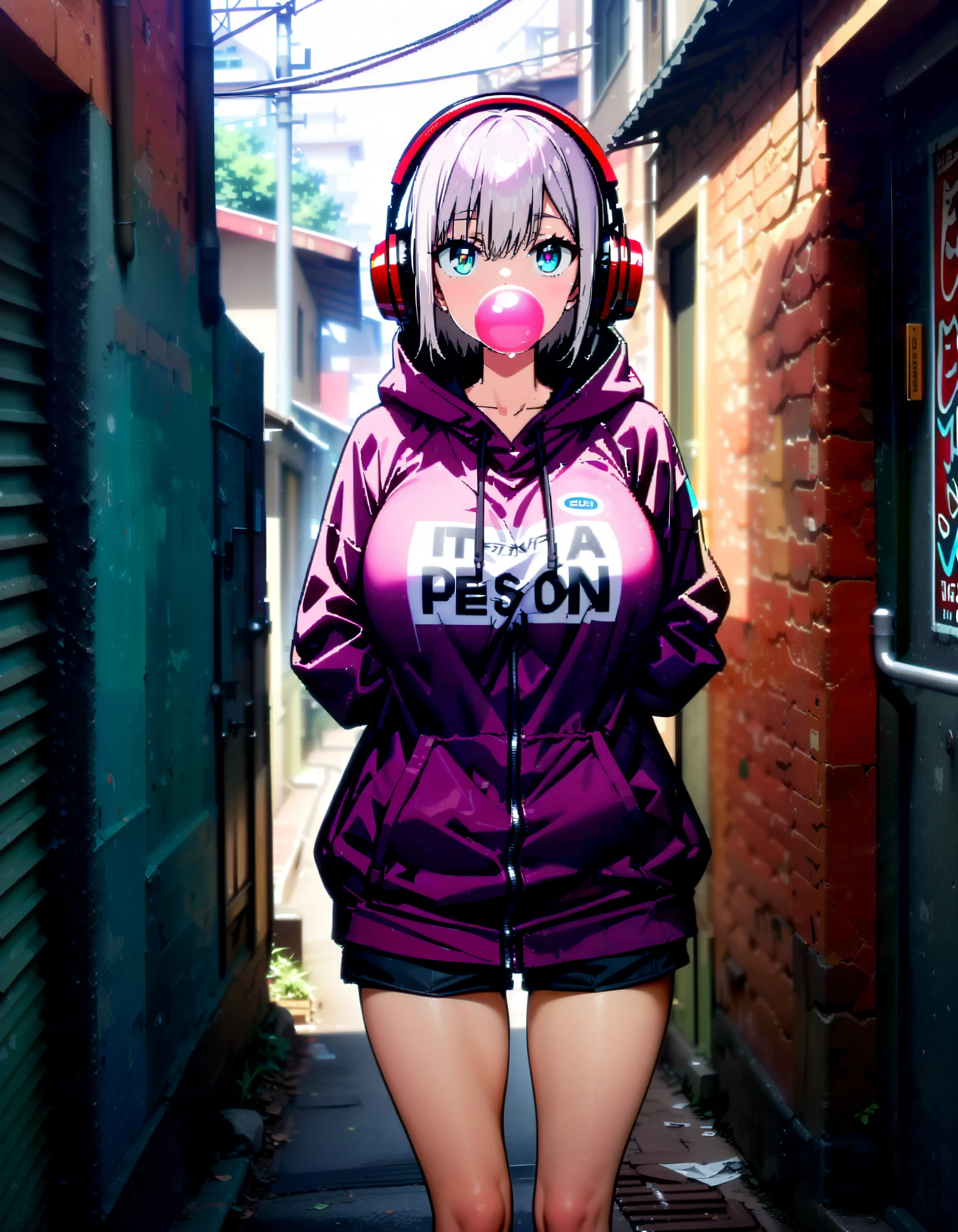  score_9,  score_8_ up,  score_7_ up,  source_Anime, Red root heart ,   light purple hair,  pink eye,  short hair while on a business trip,  big breasts,Blowing bubble gum,OVERSIZE PURPLE HOODIE , BLACK PANTY STOCKING, shorts,Red Glasses, Wear Hoodie Hood ,Wired headphones, standing leaning against a wall,noon,whole bodyがイラストに入るように,                          break looking at viewer,whole body,
break outdoors,alley, 
break (masterpiece:1.2), best quality  , kampala,unity 8k wallpaper,(shape:0.8),(  fine, beautiful eyes  :1.6),It's a person ,whole body写真,CG Details , (perfect hand, complete anatomy),
