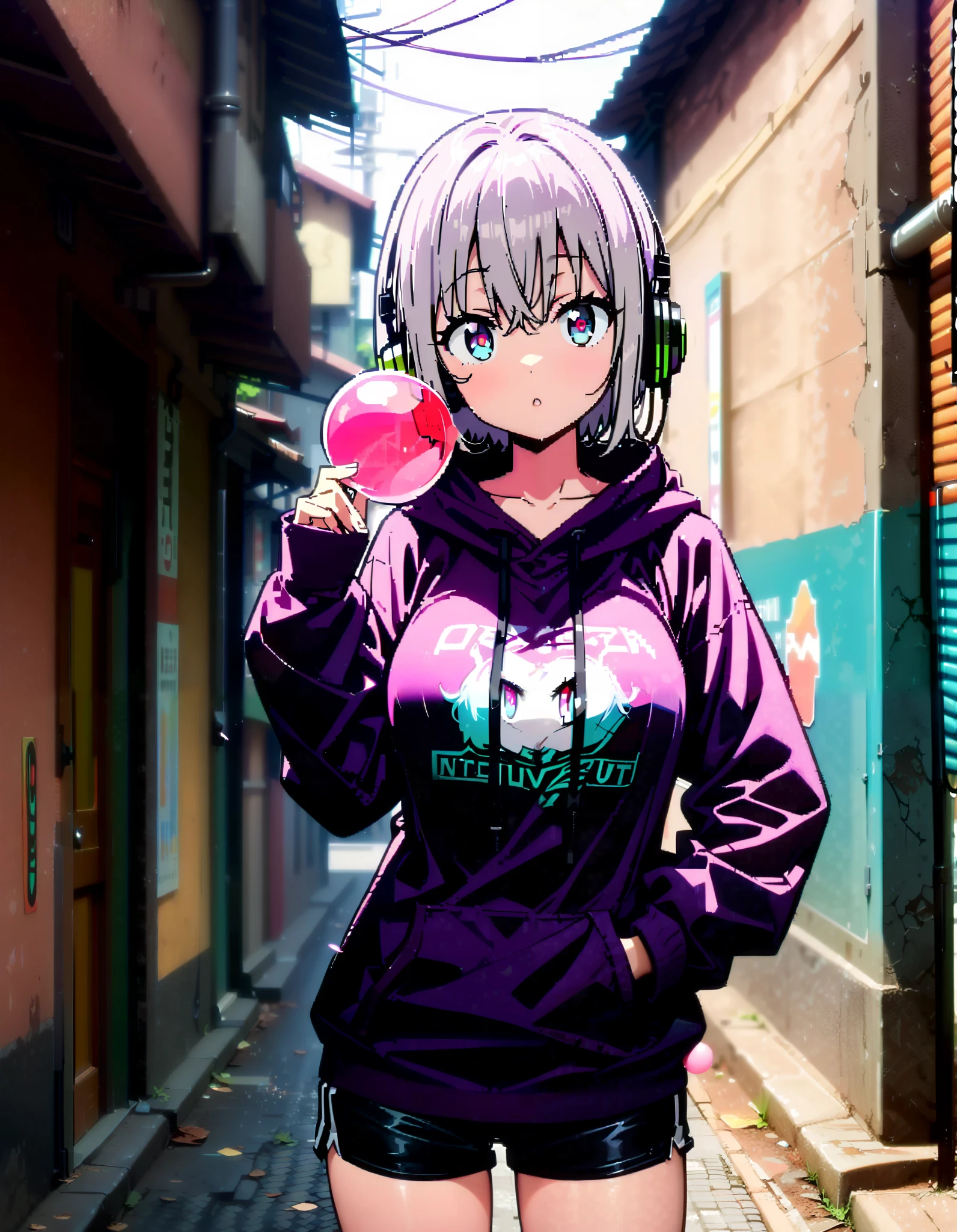score_9, score_8_ up, score_7_ up, source_Anime, Red root heart , light purple hair, pink eye, short hair while on a business trip, big breasts,Blowing bubble gum,OVERSIZE PURPLE HOODIE , BLACK PANTY STOCKING, shorts,Red Glasses, Wear Hoodie Hood ,Wired headphones, standing leaning against a wall,noon,whole bodyがイラストに入るように, break looking at viewer,whole body,
break outdoors,alley,
break (masterpiece:1.2), best quality , kampala,unity 8k wallpaper,(shape:0.8),( fine, beautiful eyes :1.6),It's a person ,whole body写真,CG Details , (perfect hand, complete anatomy),
