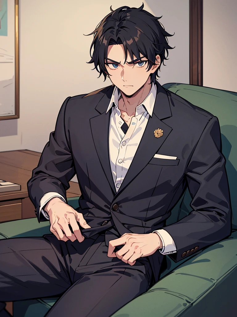 Hector Fey， 独奏， looking at viewert， Teasing laughter， Open your mouth，drools，perspire，Drenched，Get wet，mitts， 1 man， Male focus， sit astride（sit on chair），Tie shirt， Business suit， Look from below