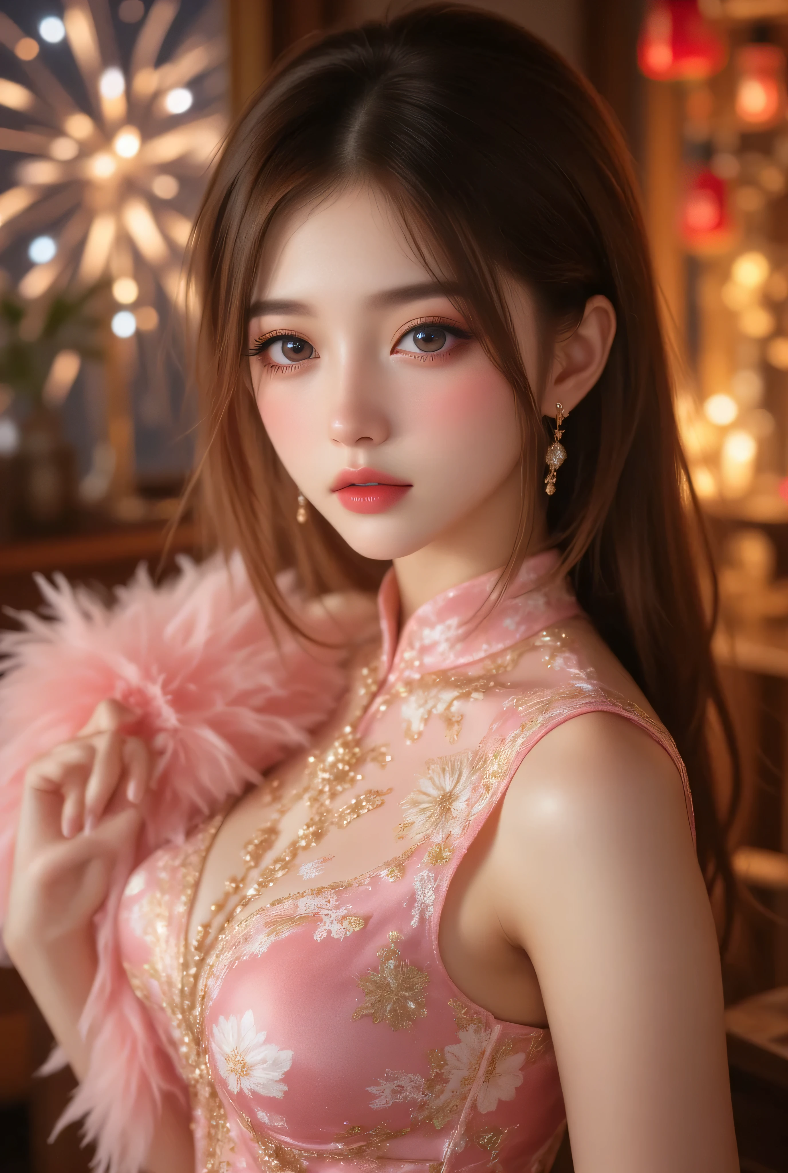 Cat ears、 face up, attractive, pretty girl, ponytail、 (( fine facial features , eroticism)), dramatic lighting , realistic , 8k, Dramatic Shadows , intricate and elaborate patterns , super detailed photo , chiaroscuro lighting , Pleasant colors , deep contrast , super real 、 pink lipstick、 warm room、Vintage Fireplace 、 cinematic composition、Close-up of face, pretty half part transparent open shoulder loose outfits dress, tang style, A beautiful Korean idol wearing a short colourful tightly cheongsam with phoenix and intricate floral golden embroidery, golden and silver outline on dress, hand with pink feathers paper fan and paper fan have golden ink drawing on it, standing gracefully in a room filled with traditional Chinese New Year decorations. The room features vibrant red lanterns, decorative calligraphy scrolls, a small Chinese orange tree with golden ornaments, and several red envelopes scattered across the floor and hanging from the tree. Adorable, playful cats are part of the scene—some sitting near the tree, others curiously pawing at the red envelopes or lounging around. Through a window or an open door in the background, vibrant Chinese fireworks light up the night sky in an array of reds, golds, and blues, casting a magical glow into the room. The idol’s outfit is paired with subtle accessories like red hairpins or earrings, complementing the festive look. The atmosphere is warm and lively, filled with the joyful essence of the celebration, enhanced by the shimmering lights of the fireworks and the lively decor.