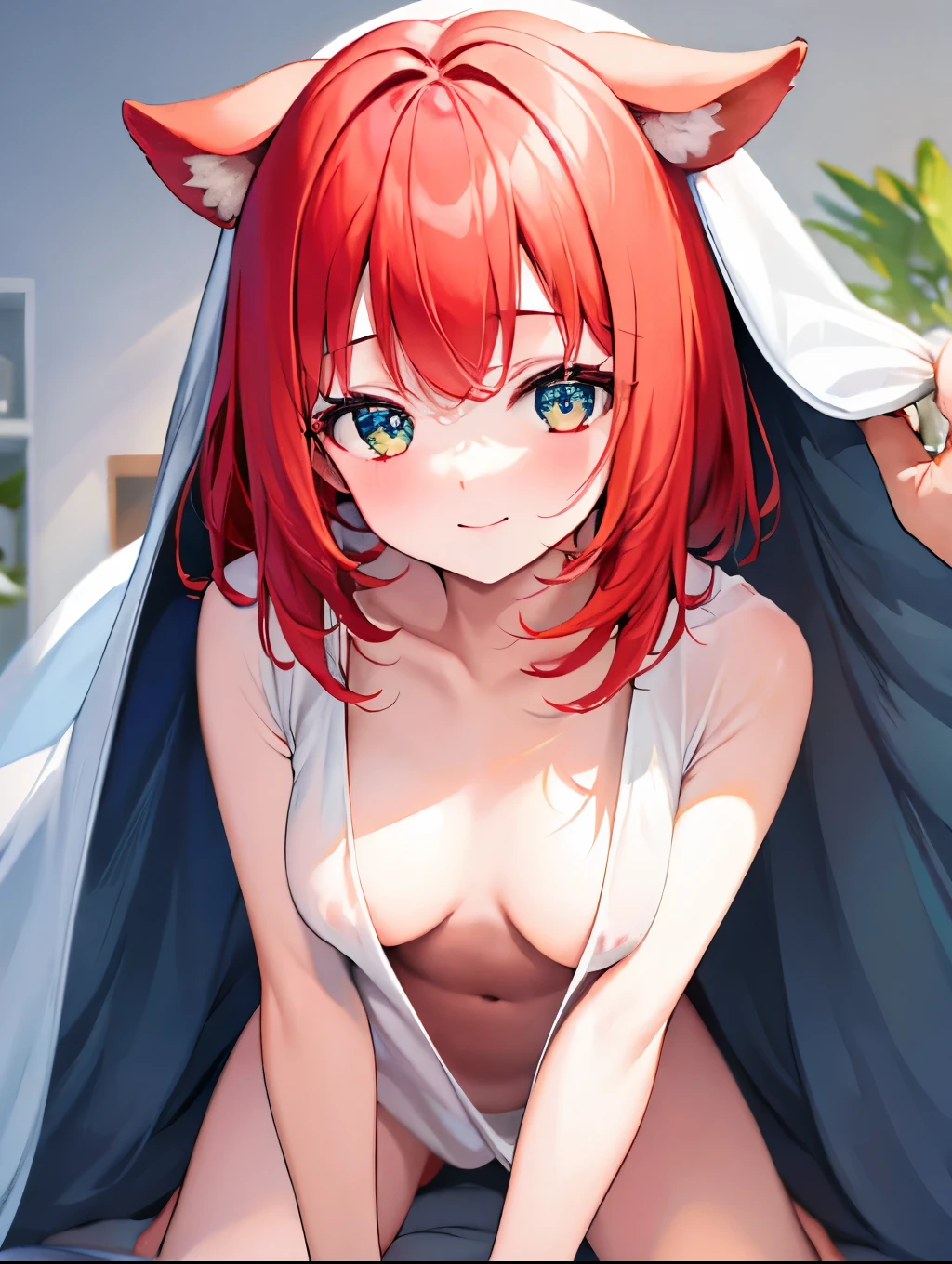 1girl with long red hair, amber eyes, fox ears, slender body, ,fox tail, blush, nude, on bed, open legs, night light, dark room, candle