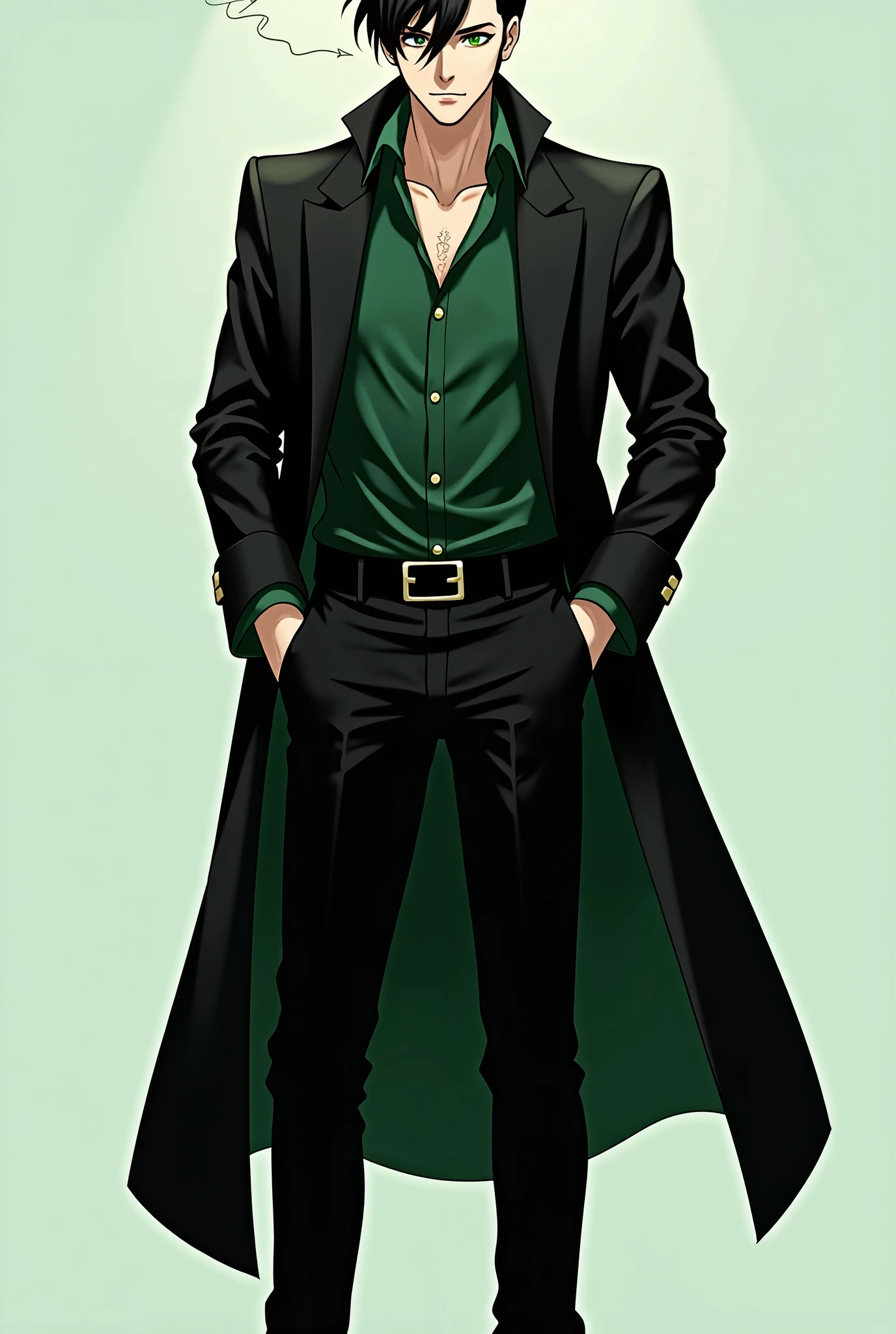 An illustration of the character Roronoa Zoro strutting down a fashion runway. He is wearing an elegant black outfit with green details and a black bandana on his head. The illustration is created by the artist behind JoJo's Bizarre Adventure, using their original style and color palette. The scene is captured with a Nikon D850 paired with a 70-200mm f/2.8E FL ED VR lens, ensuring stunning clarity and rich details. The lighting is dramatic, with spotlights highlighting Zoro's confident pose and the intricate details of his outfit. The aspect ratio is 9:21, emphasizing the vertical composition 