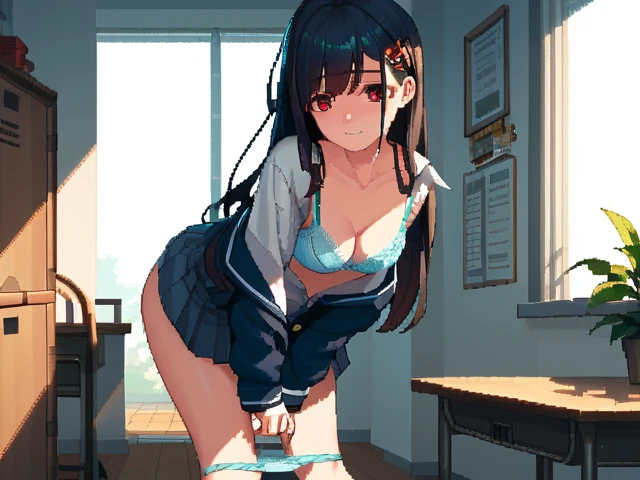 (8k、Best image quality、highest quality、masterpiece)、Detailed face、 One girl、Black Hair、Long Hair、Grey Eyes、evil smile、Small breasts、((serafuku))、Long sleeve、((Navy blue pleated skirt))、((skirt lift))、((pussy:1.3))、Cowboy Shot、sit on a vaulting box、((open legs))、Shoot from below、Gym storeroom
