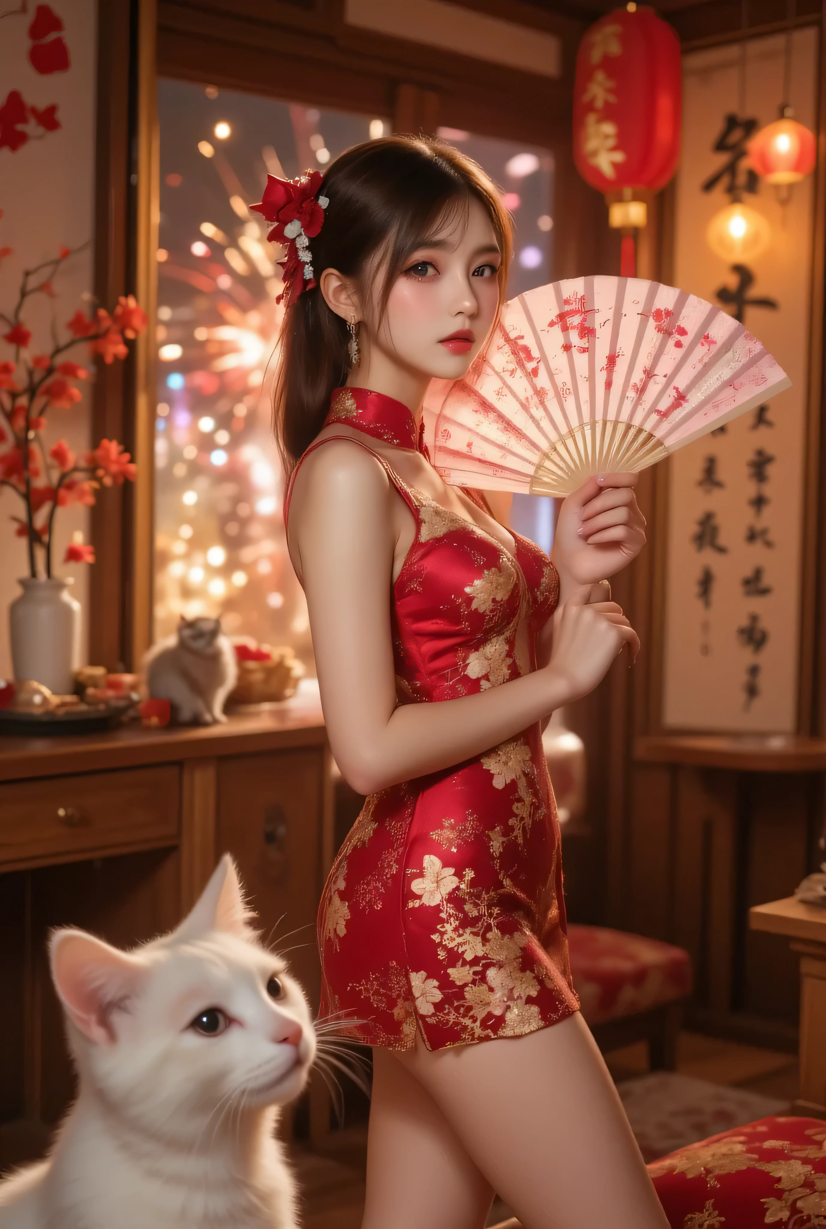 Cat ears、 face up,  attractive,   pretty girl, ponytail、  ((   fine facial features  , eroticism)),   dramatic lighting    ,  realistic , 8k,     Dramatic Shadows  ,    intricate and elaborate patterns     ,      super detailed photo      ,     chiaroscuro lighting   ,     Pleasant colors   ,     deep contrast   ,    super real 、 pink lipstick、 warm room、Vintage Fireplace 、 cinematic composition、Close-up of face,  pretty half part transparent open shoulder loose outfits dress, tang style, A beautiful Korean idol wearing a short colourful tightly cheongsam with phoenix and intricate floral golden embroidery, golden and silver outline on dress, hand with pink feathers paper fan and paper fan have golden ink drawing on it, standing gracefully in a room filled with traditional Chinese New Year decorations. The room features vibrant red lanterns, decorative calligraphy scrolls, a small Chinese orange tree with golden ornaments, and several red envelopes scattered across the floor and hanging from the tree. Adorable, playful cats are part of the scene—some sitting near the tree, others curiously pawing at the red envelopes or lounging around. Through a window or an open door in the background, vibrant Chinese fireworks light up the night sky in an array of reds, golds, and blues, casting a magical glow into the room. The idol’s outfit is paired with subtle accessories like red hairpins or earrings, complementing the festive look. The atmosphere is warm and lively, filled with the joyful essence of the celebration, enhanced by the shimmering lights of the fireworks and the lively decor.
