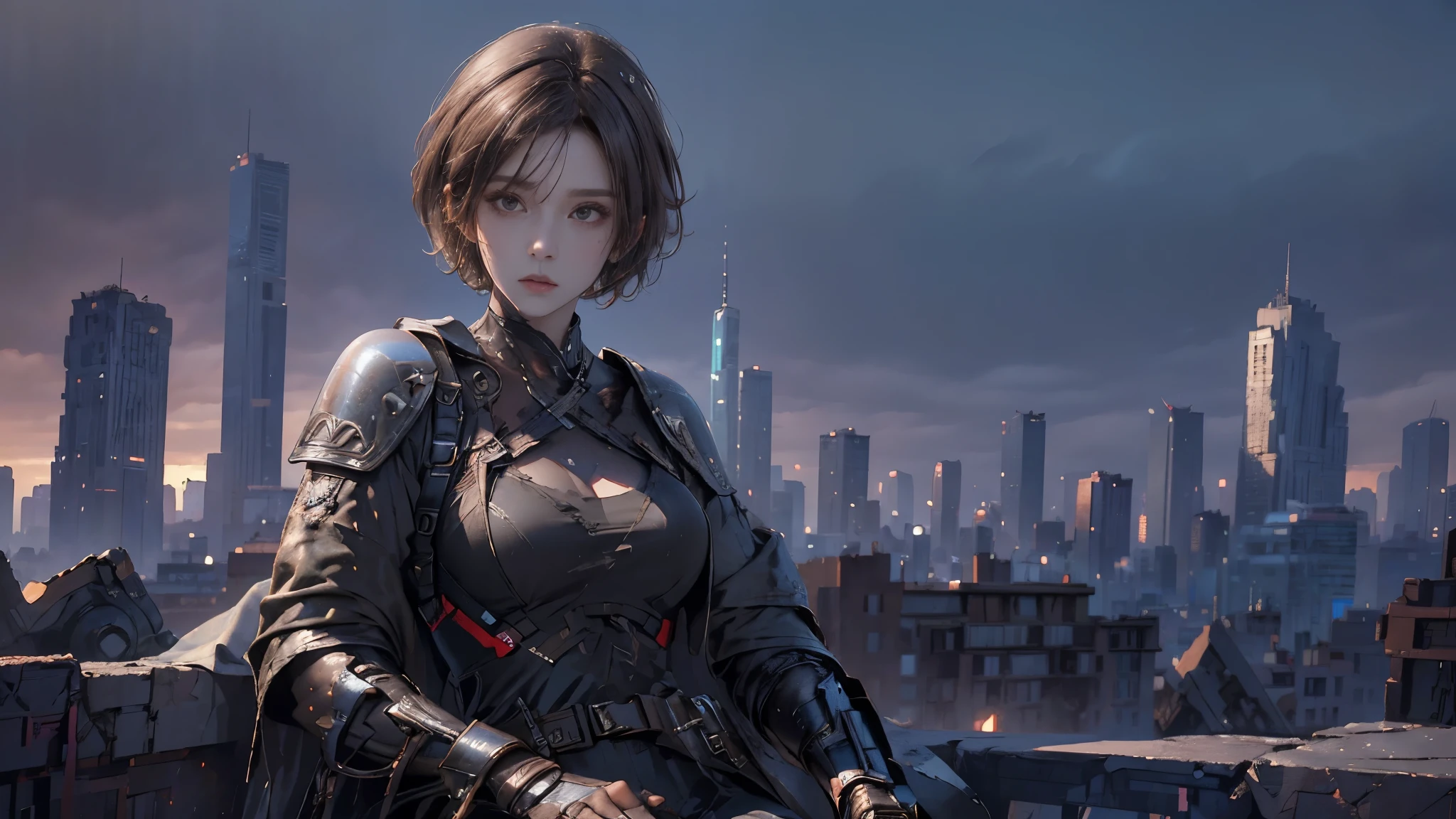 masterpiece, high resolution,8K,( Portrait Photos:1.5),(R Original Photo),Reality,Digital Photography,(Ruins of the Apocalypse ),City ruins,20 year old pretty female ,Short hair,Shut up, post-apocalyptic scene , Upper body photography ,Damaged Armor,Full figure