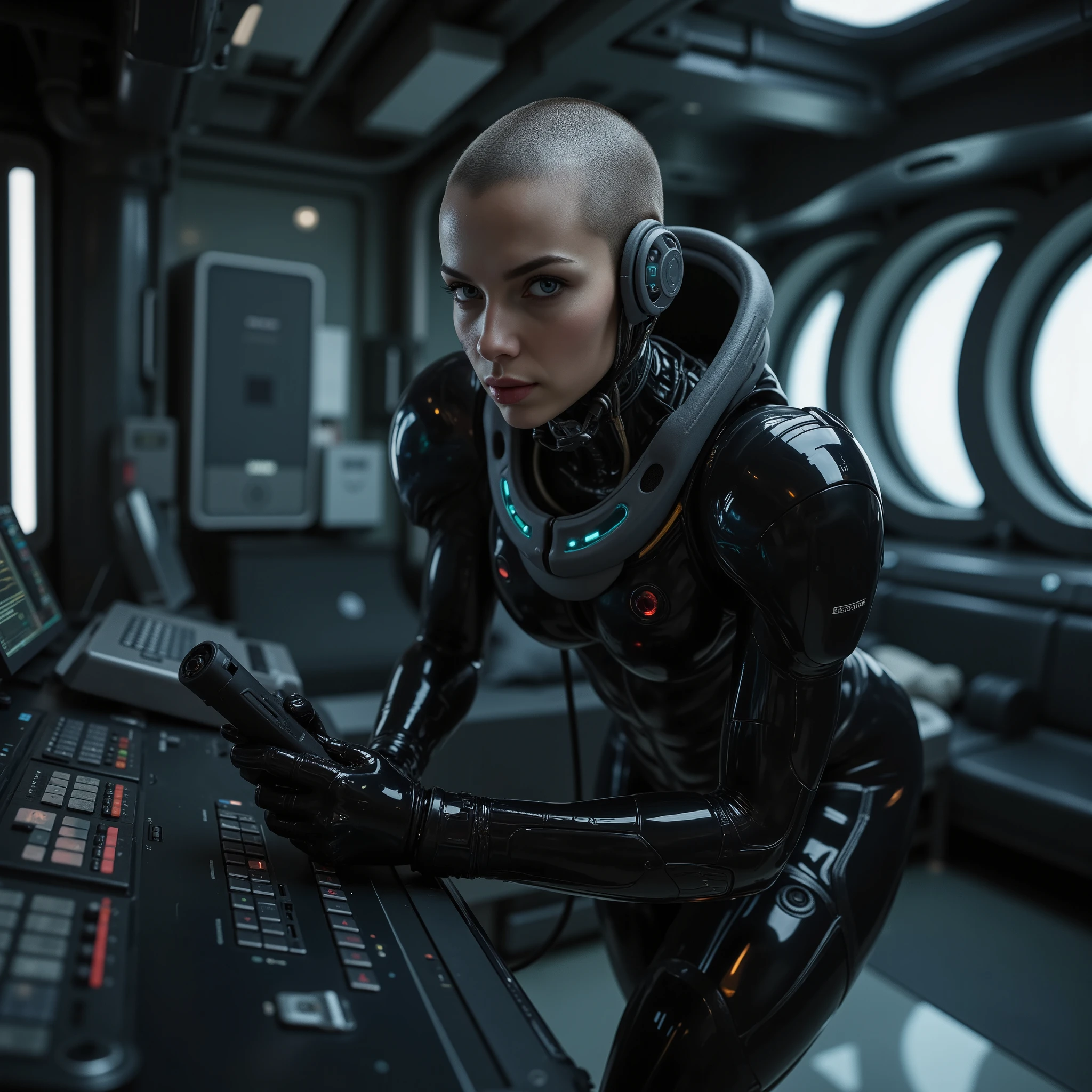 (professional photo, photorealistic belowview portrait) of beautiful young dominant ((((fullbreasted)))) evil cyborg blackhaired (Isabella Rodriguez), unmade face, colourless lips, ((((((robotic eyes with small blue glowing lines looking murderous into camera close up)))))), (((looking determined devastating into camera, murderous scowling))), (((shaved head with grey brainimplant, huge cyberimplant tight grey cyberhelmet, thick cables leading to back))), tight waist, (((((enormous oversized huge round breasts completely covered))))), ((((adjusting with one hand huge regulator on electroconsole, holding remote control in the other hand)))), (((wearing ultra tight closed dark transparent latexsuit))), (inside very dark scifi bedroom in spacestation), ((clear bright daylight shining from side)), (((hyper detailed))), ultra sharp focus, 8k, uhd, realistic, low saturation, low contrast, ultra realistic colours, ultra realistic skincolour, view from below