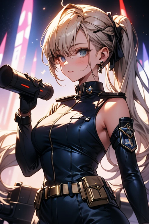 (masterpiece, best quality:1.2), intricate details, 1girl,sky striker ace raye,cityscape ,blue eyes,Blond hair, black headdress.Dark brown tie,standing on the roof of a building,raining,stars,night,cleavage,narrow bust,frontal view,(mature female:1.2),huge breasts