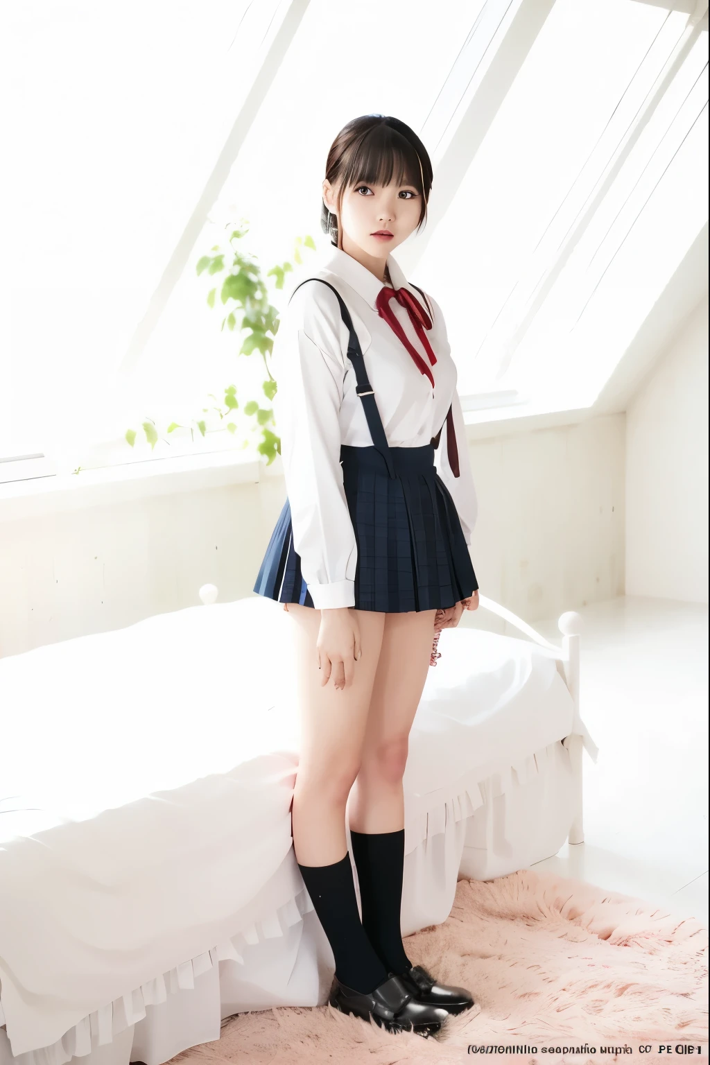 Top quality, high image, 1 woman, 17 years old, school stairs, navy jacket, Medium breasts,white blouse,(plaid miniskirt), cotton panties,upskirt,from below1.3、Smiling beautiful girl、17 years old、Crouched down, looking at me、Checkered pleated skirt、Sit with your buttocks down、loafers、Knee-high socks、Ponytail sitting on stairs、白いパンティ
