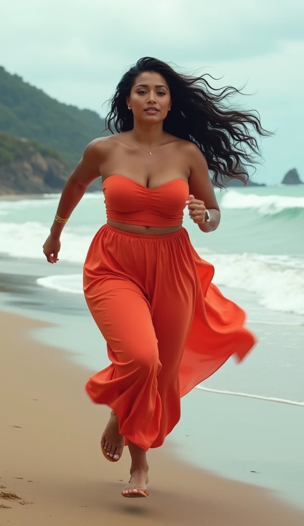 Very fat beautiful latina woman with very long thick hair is running towards the audience, wearing long tube top, beach background, Hyper realistic photo , cloudy weather