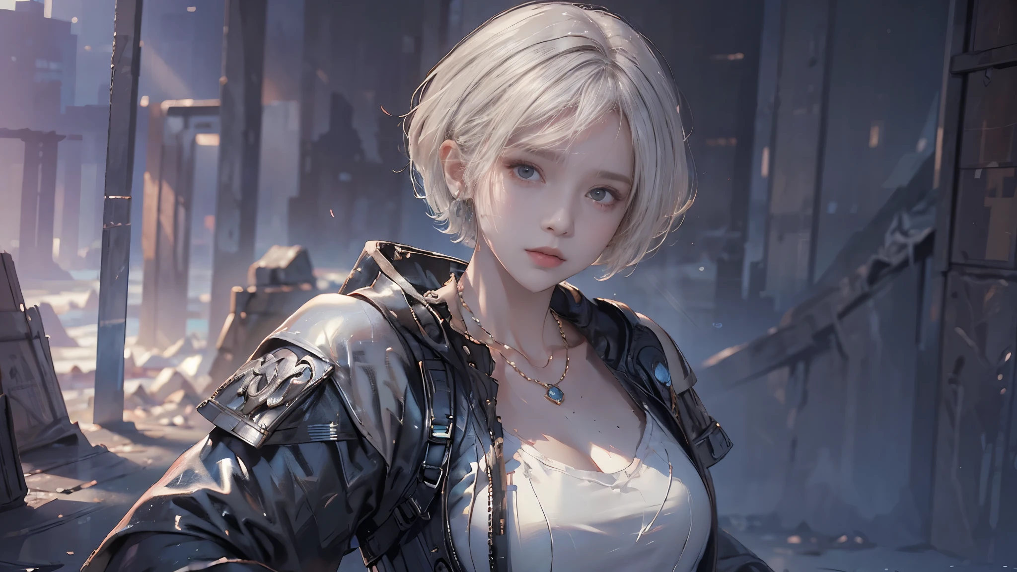 (masterpiece, best quality,ultra detailed,realistic,dutch angle).(1 girl, solo focus),(small breasts, short hair, silver hair, cute face:1.5),(army uniform, open front, cleavage, Exposed abdomen, heavy armed girl, assault rifle, revolver, survival knife),(floating hair, wind).(outdoors, conflict zone, smoke, dust)