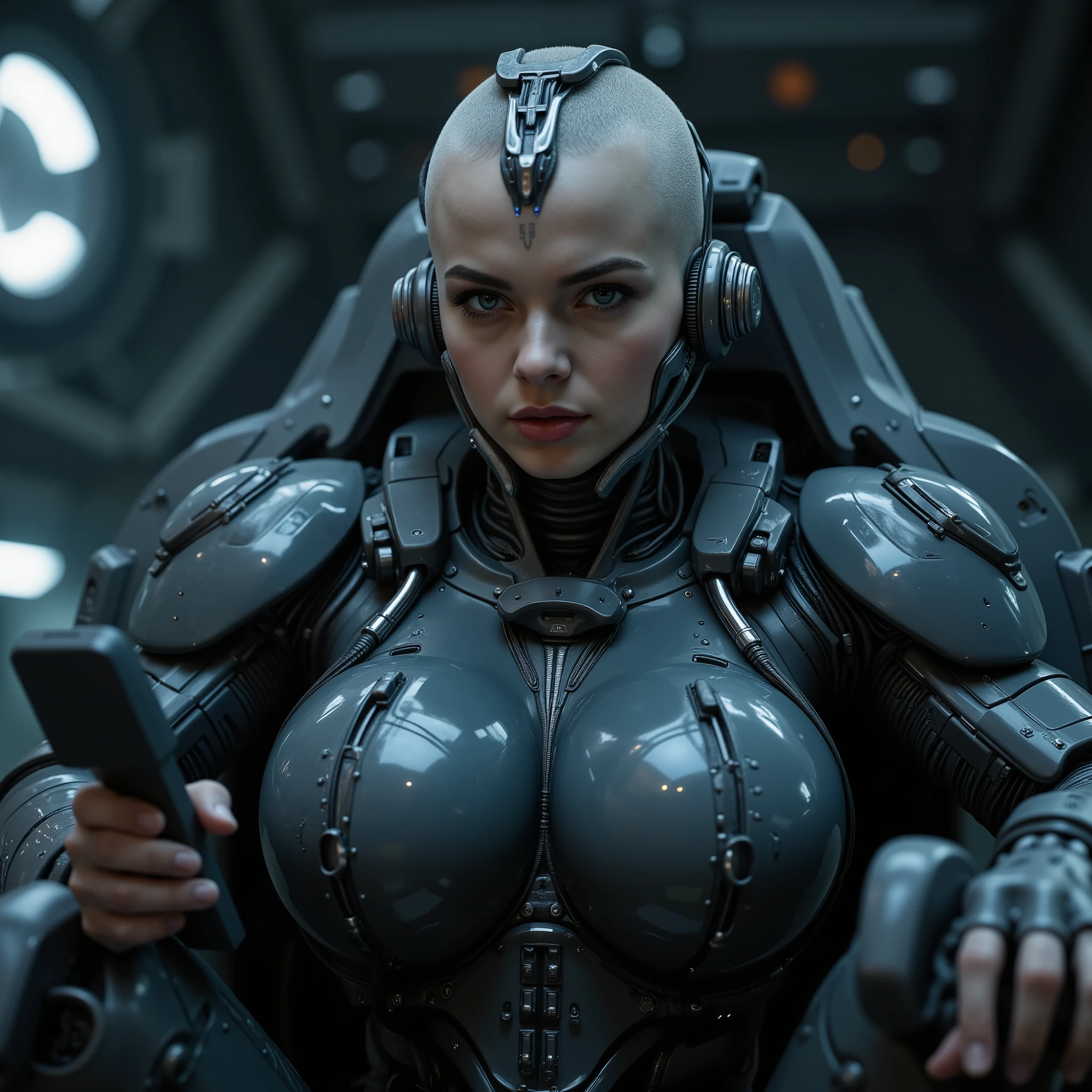 (professional photo, photorealistic belowview portrait) of beautiful young dominant ((((fullbreasted)))) evil cyborg blackhaired (Isabella Rodriguez), unmade face, colourless lips, ((((((robotic eyes with small blue glowing lines looking murderous into camera close up)))))), (((looking determined devastating into camera, murderous scowling))), (((shaved head with grey brainimplant, huge cyberimplant tight grey cyberhelmet, thick cables leading to back))), tight waist, (((((enormous oversized huge round breasts completely covered))))), ((((adjusting with one hand huge regulator on electroconsole, holding remote control in the other hand)))), (((wearing ultra tight closed dark transparent latexsuit))), (inside very dark scifi bedroom in spacestation), ((clear bright daylight shining from side)), (((hyper detailed))), ultra sharp focus, 8k, uhd, realistic, low saturation, low contrast, ultra realistic colours, ultra realistic skincolour, view from below