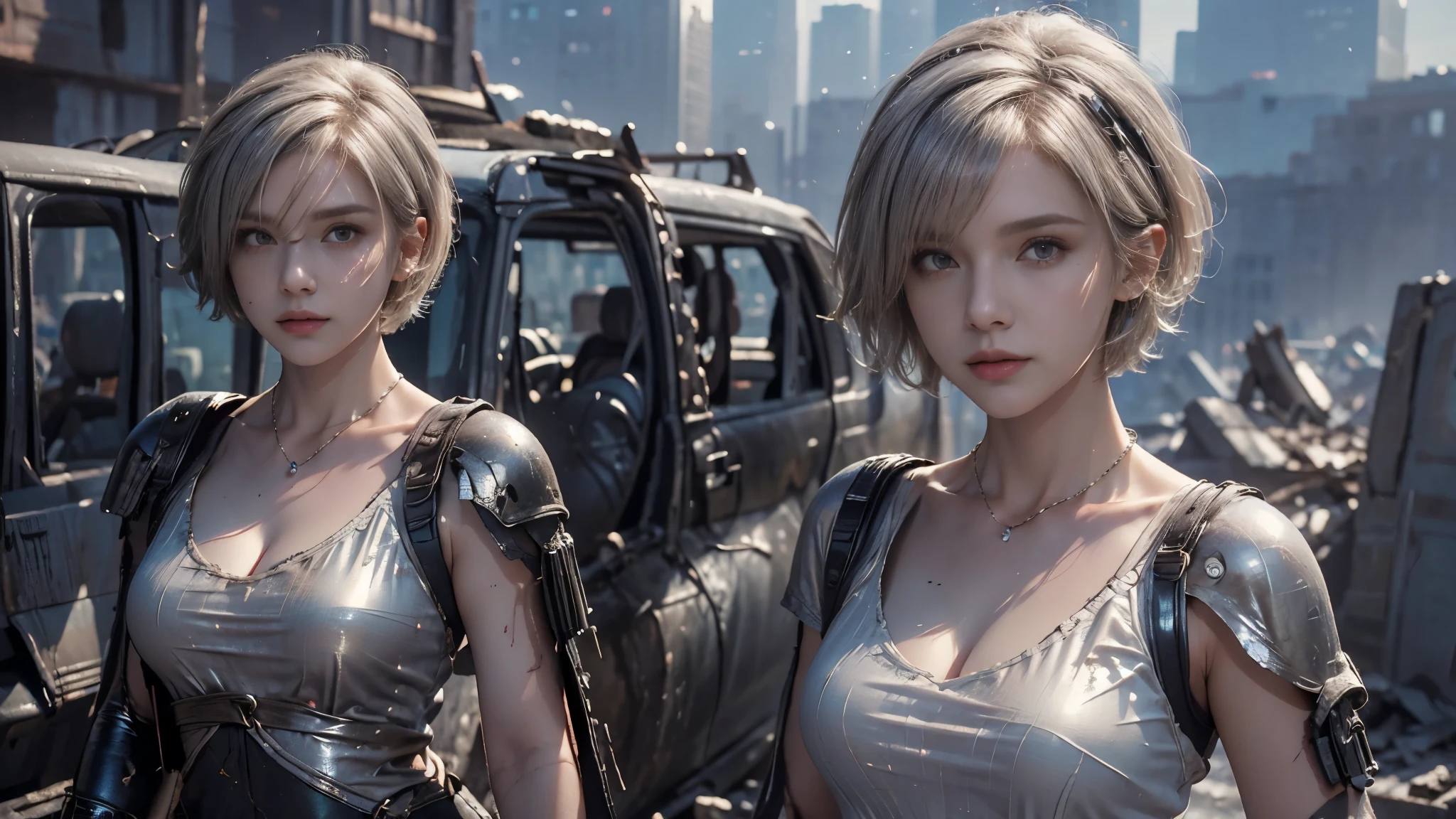 masterpiece, high resolution,8K,( Portrait Photos:1.5),(R Original Photo),Reality,Digital Photography,(Ruins of the Apocalypse ),City ruins,20 year old pretty female ,Short hair,Shut up, Pearl Necklace , post-apocalyptic scene , Upper body photography ,Damaged Armor,Full figure