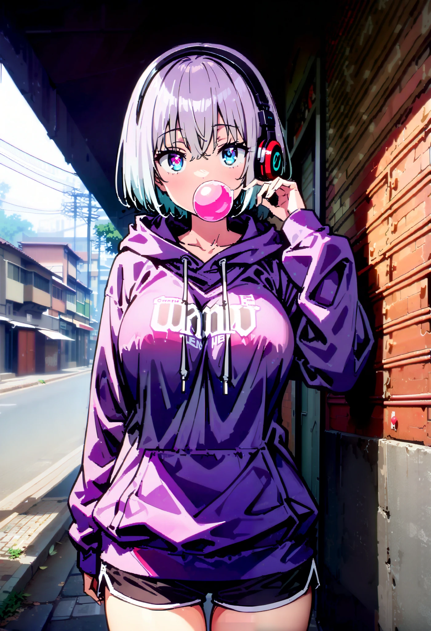 score_9, score_8_ up, score_7_ up, source_Anime, Red root heart , light purple hair, pink eye, short hair while on a business trip, big breasts,Blowing bubble gum,OVERSIZE PURPLE HOODIE , BLACK PANTY STOCKING, shorts,Red Glasses, Wear Hoodie Hood ,Wired headphones, standing leaning against a wall,noon,whole bodyがイラストに入るように, break looking at viewer,whole body,( cowboy shot:1. 5),
break outdoors,alley,
break (masterpiece:1.2), best quality , kampala,unity 8k wallpaper,(shape:0.8),( fine, beautiful eyes :1.6),It's a person ,whole body写真,CG Details , (perfect hand, complete anatomy),