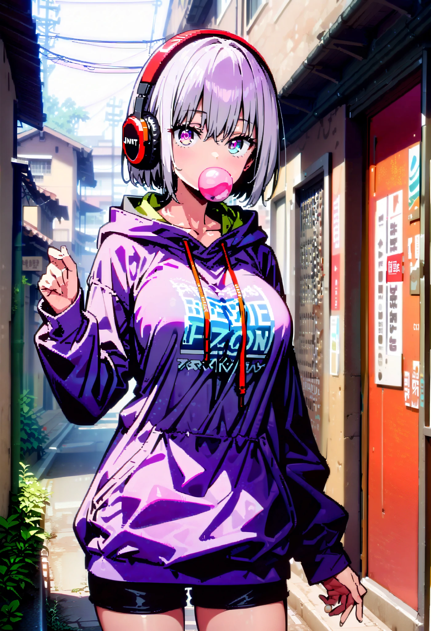 score_9, score_8_ up, score_7_ up, source_Anime, Red root heart , light purple hair, pink eye, short hair while on a business trip, big breasts,Blowing bubble gum,OVERSIZE PURPLE HOODIE , BLACK PANTY STOCKING, shorts,Red Glasses, Wear Hoodie Hood ,Wired headphones, standing leaning against a wall,noon,whole bodyがイラストに入るように, break looking at viewer,whole body,( cowboy shot:1. 5),
break outdoors,alley,
break (masterpiece:1.2), best quality , kampala,unity 8k wallpaper,(shape:0.8),( fine, beautiful eyes :1.6),It's a person ,whole body写真,CG Details , (perfect hand, complete anatomy),