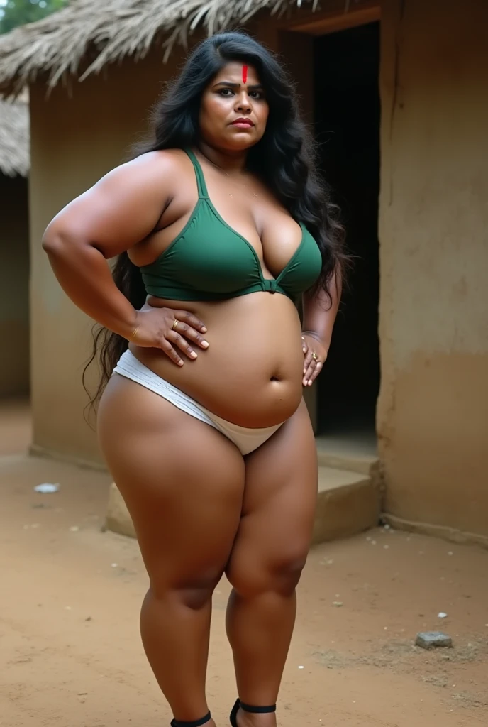 DARK SKIN, South Indian WOMAN, TALL, NAVEL, CLEAVAGE, BUSTY, FAT, VOLUPTUOUS, CHUBBY, PLUMP BELLY, LOVE HANDLES, BLACK BRA, BLACK LEGGINGS, REALISTIC, PHOTOGRAPHY, LOOKING DOWN, LOW BUN HAIR