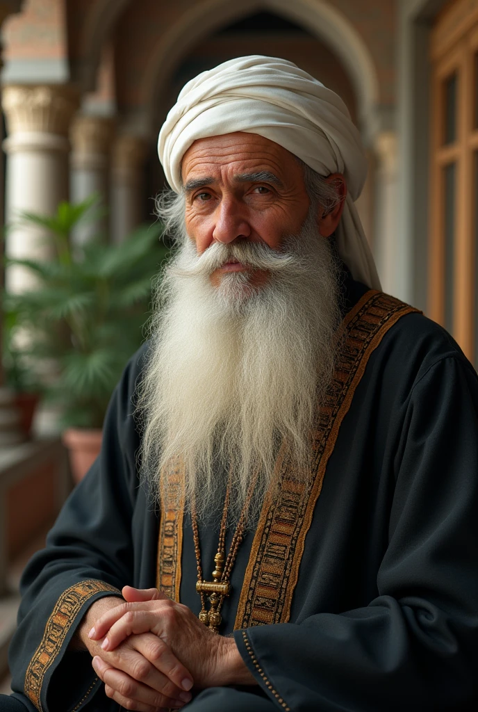 An avatar of a fake handsome sheikh character resembling our effendi in his fifties from ancient Egypt, wearing a red fez with a white thread hanging from it, a mustache covering his mouth and a very thick white beard, wearing a black shirt, a picture from the chest area